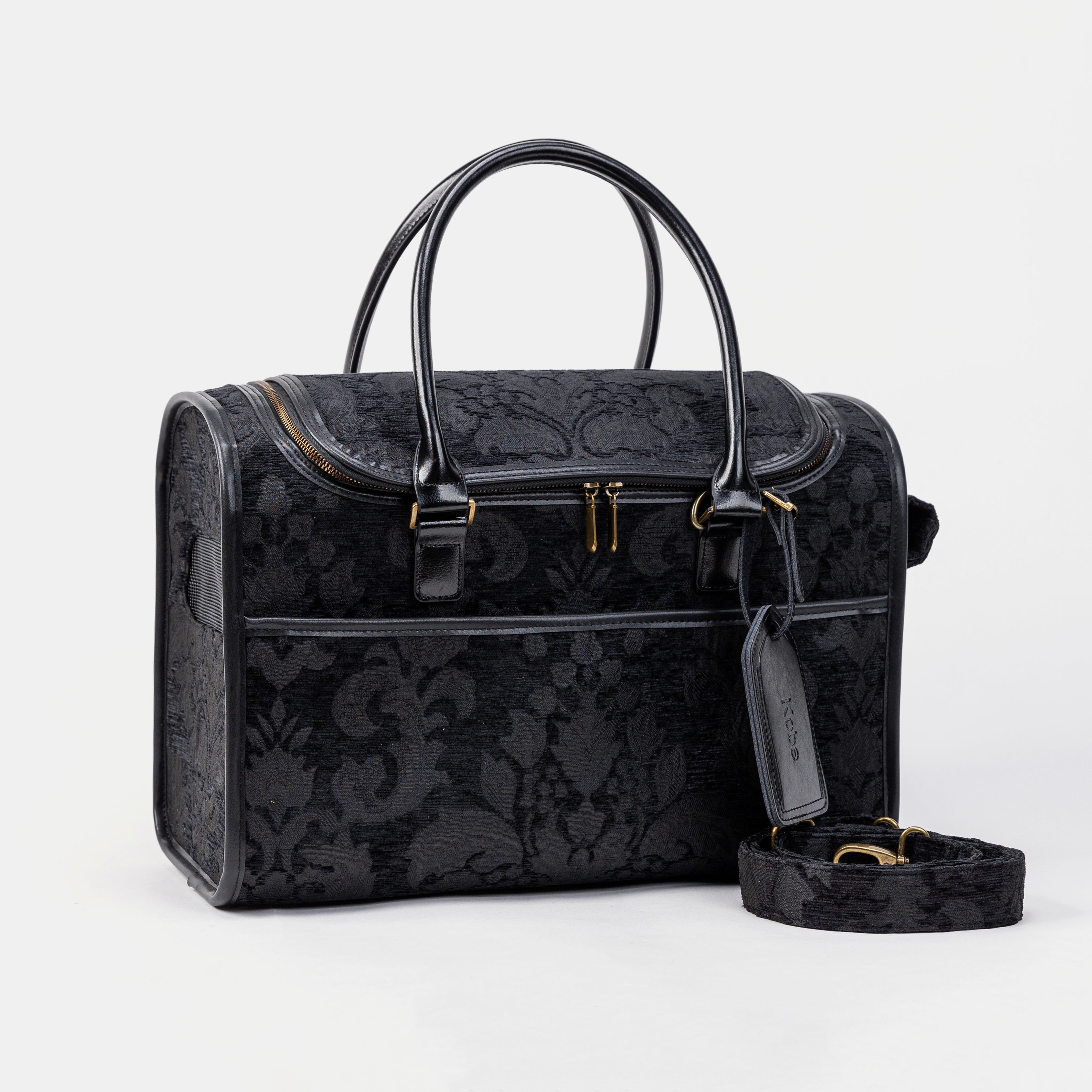 Travel Dog Carrier Bag Victorian Blossom Black Shoulder Strap