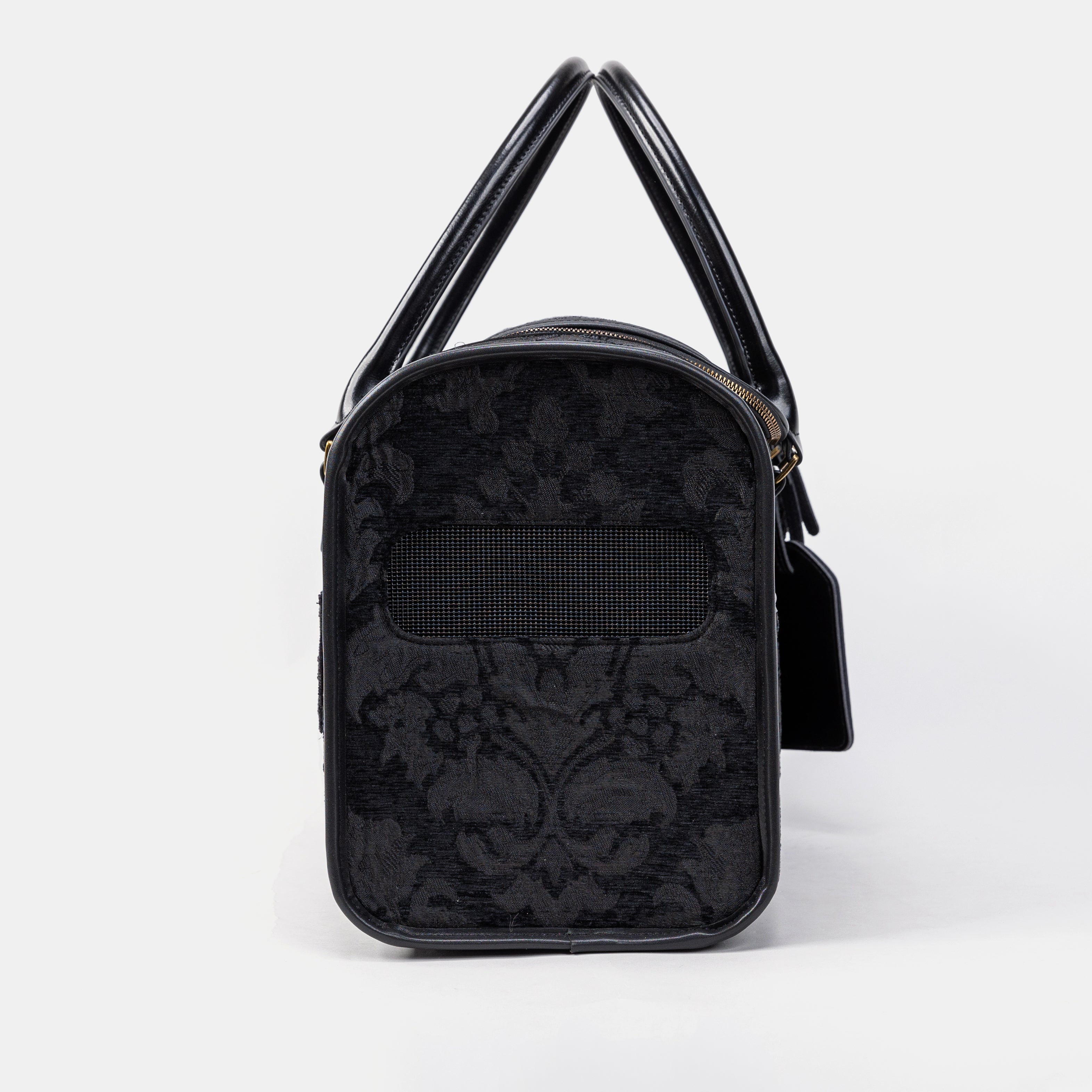 Travel Dog Carrier Bag Victorian Blossom Black Side Mesh
