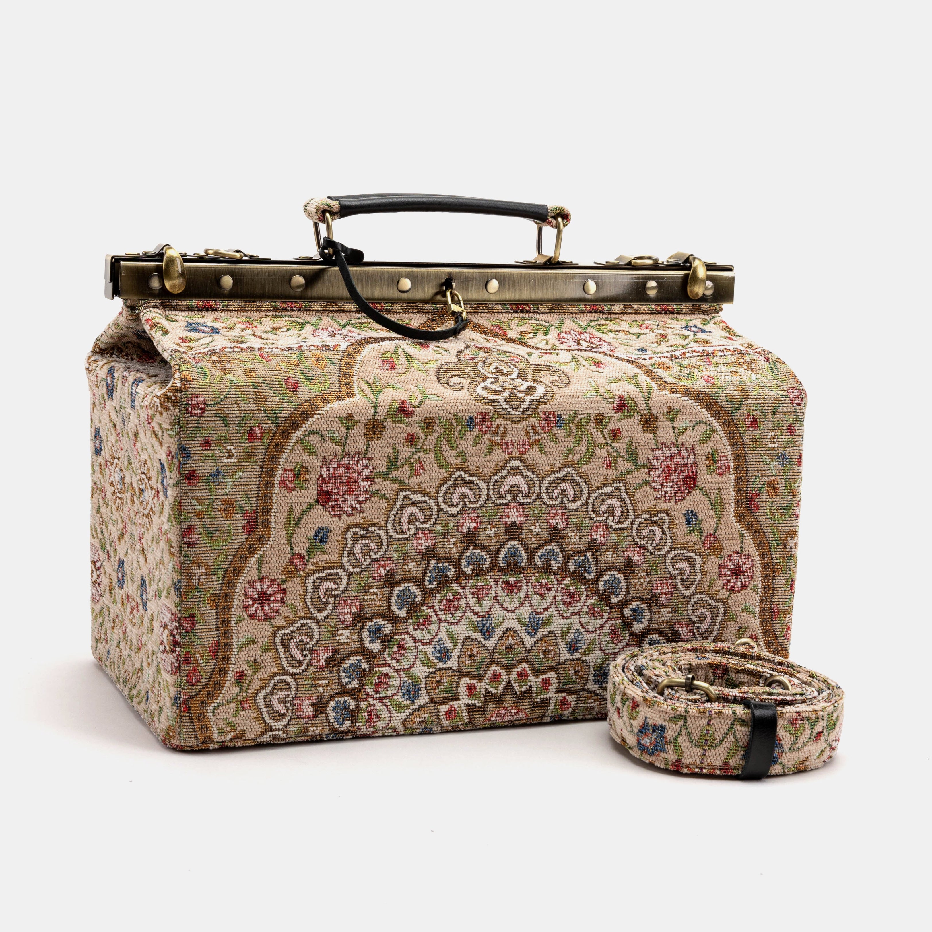 Gladstone Bag Carpet Doctor Bag Victorian Weekender Bag Shoulder Frame Bag Genevieve Oriental Beige Carpetbagger Carpetbag of America MAIN