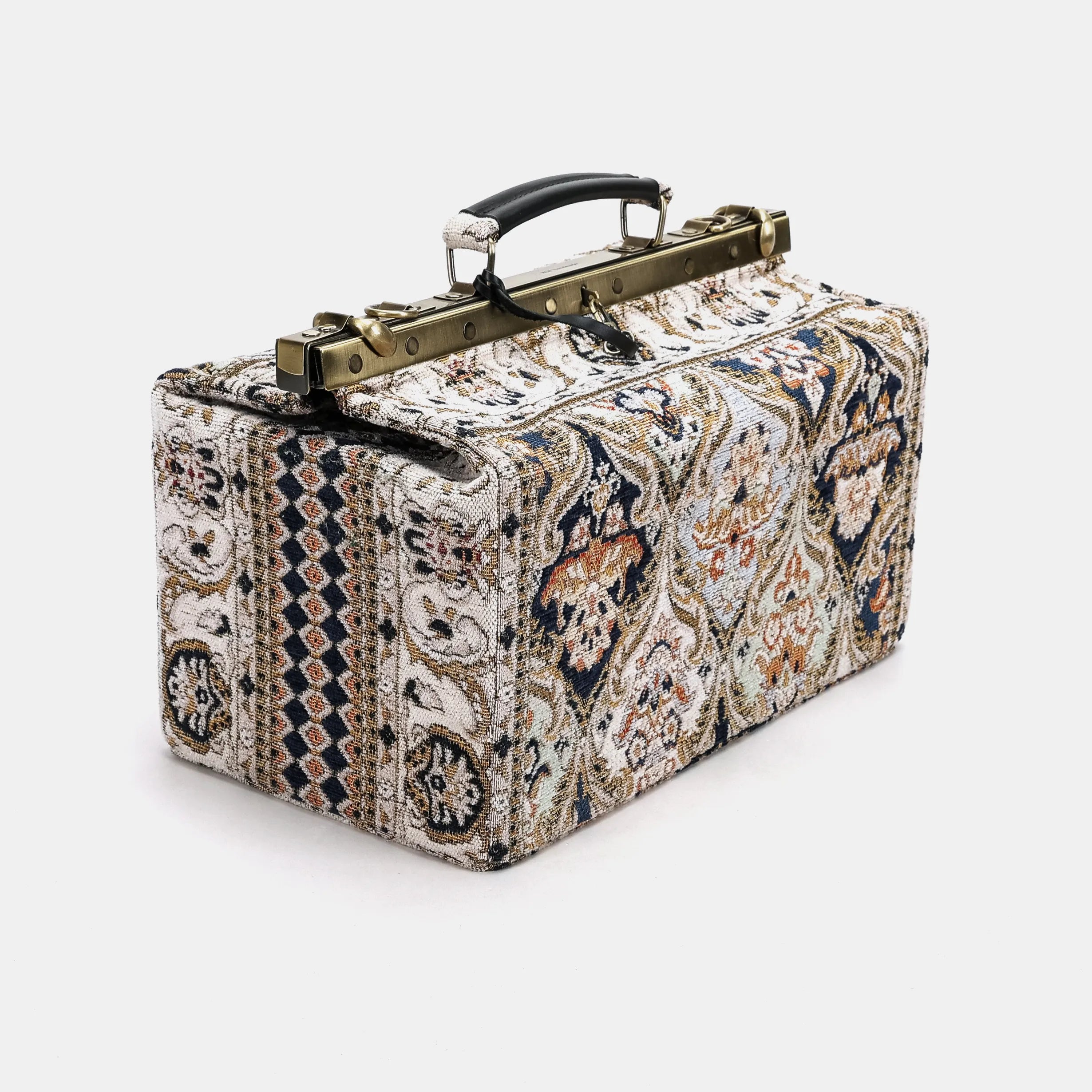 Gladstone Bag Carpet Doctor Bag Victorian Weekender Bag Shoulder Frame Bag Genevieve Golden Age Navy Carpetbagger Carpetbag of America side