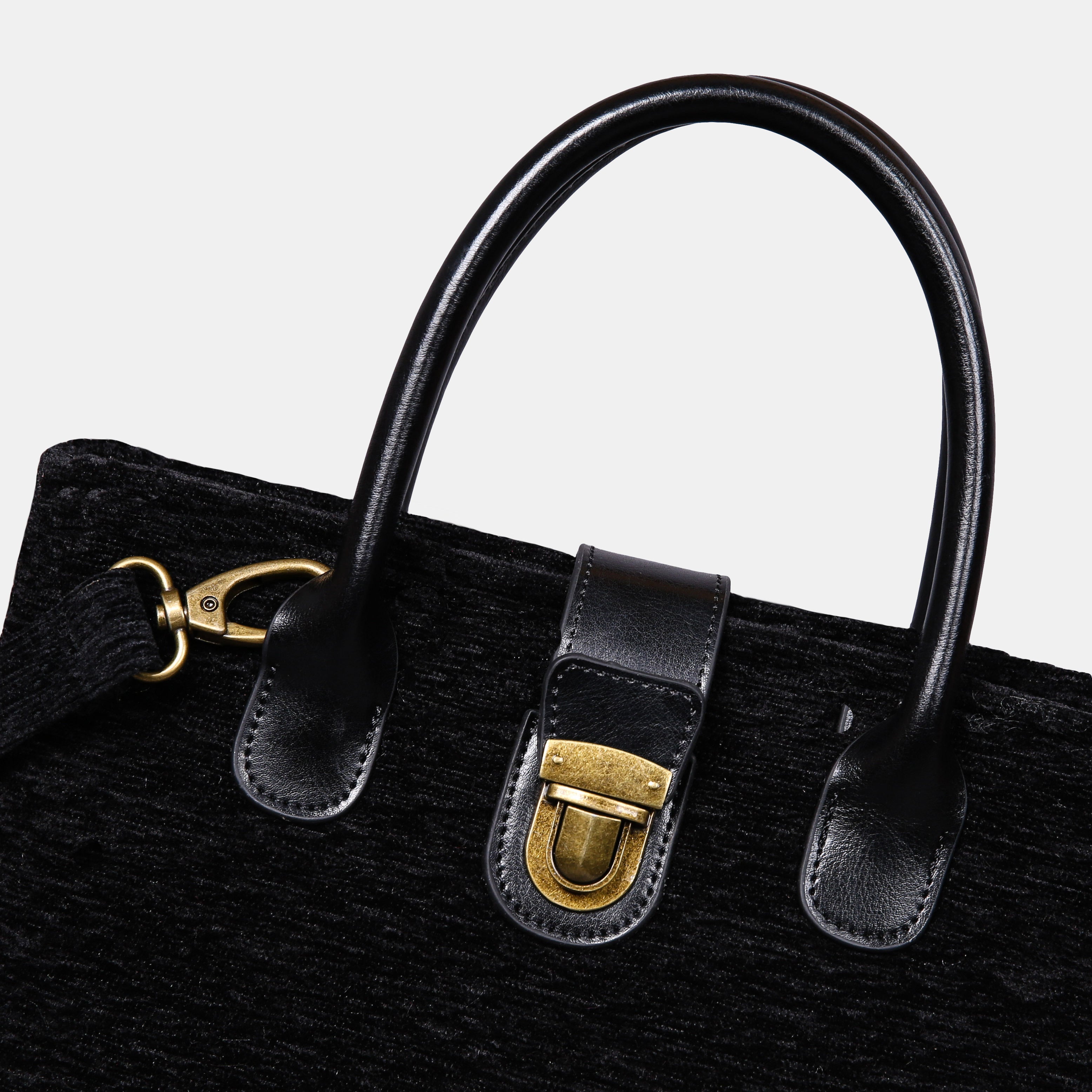 Solid Black Leather Brown Tuck Lock Carpet Satchel detail