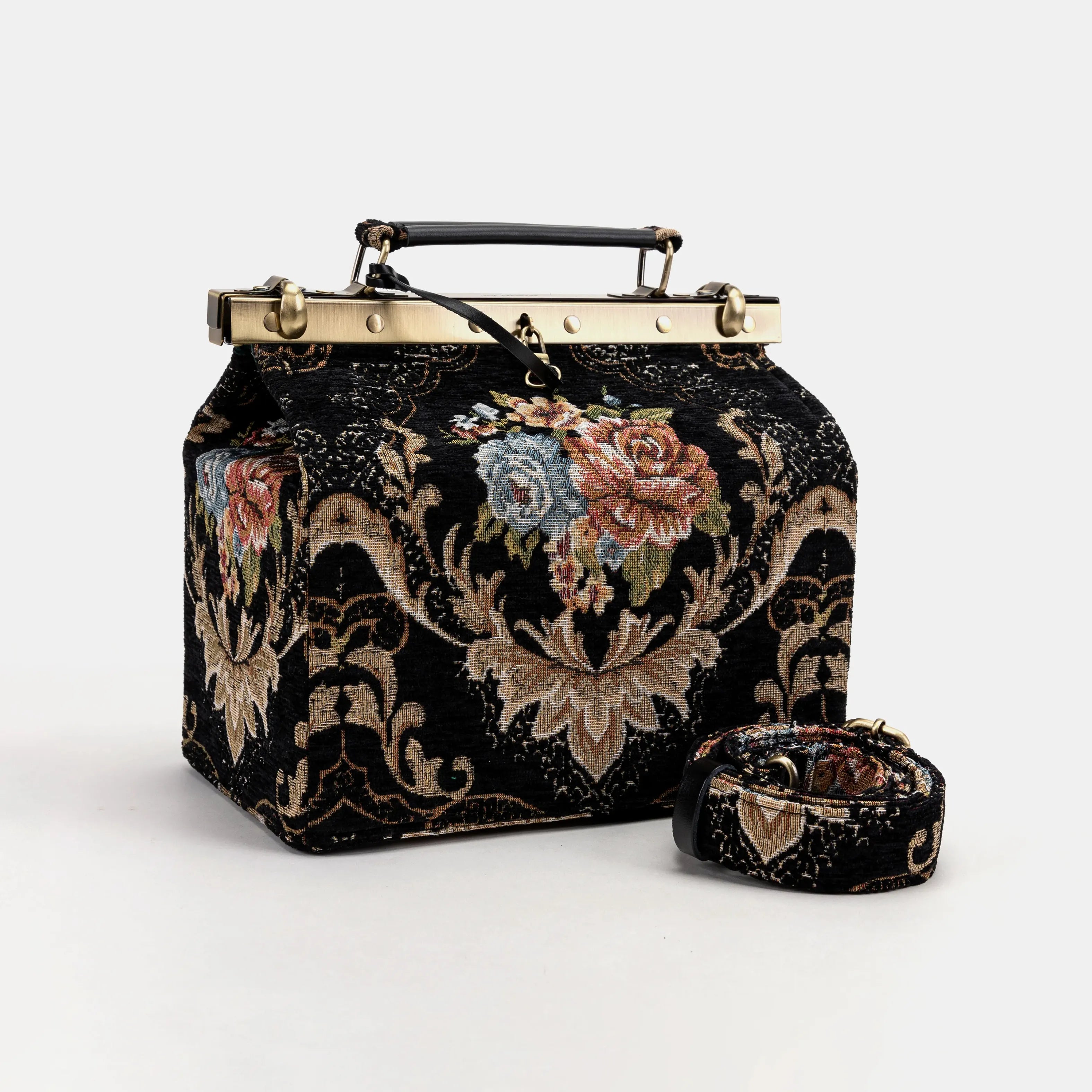 Floral Black Vivienne Carpet Purse Gladstone Bag of America with shoulder strap
