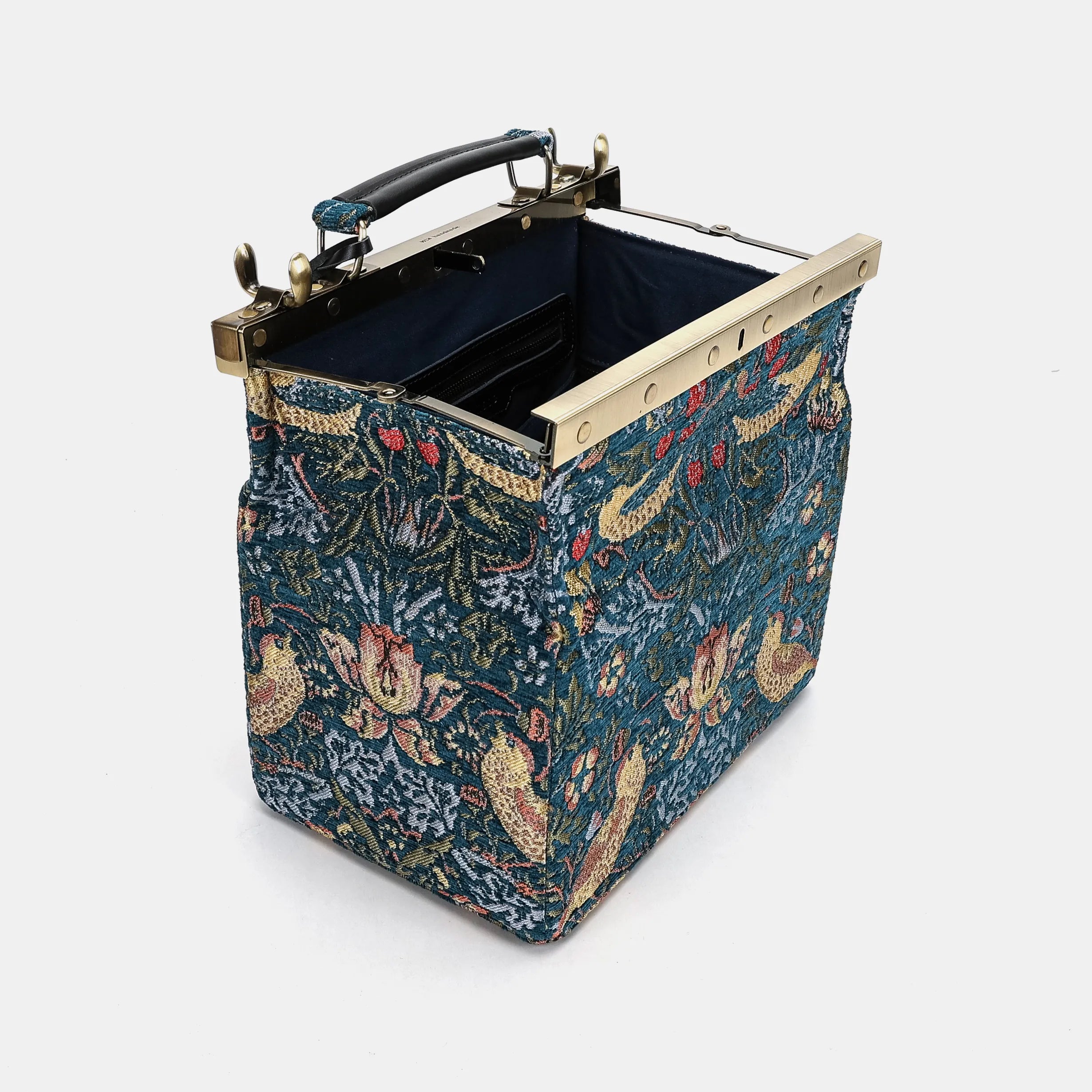 William Morris Strawberry Thief Vivienne Carpet Purse Gladstone Bag open and stand