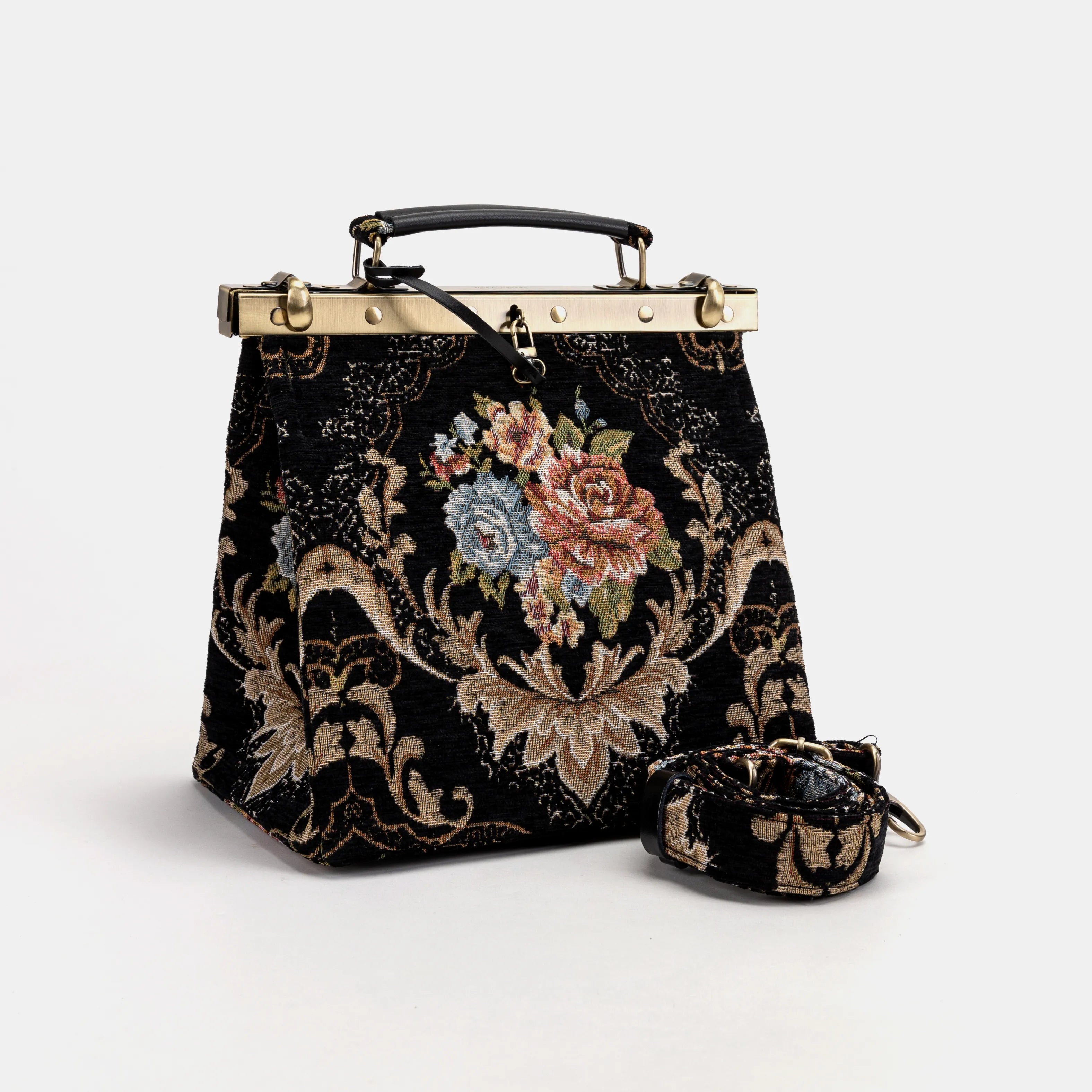 Floral Black Cecile Carpet Purse Gladstone Bag of America with shoulder strap