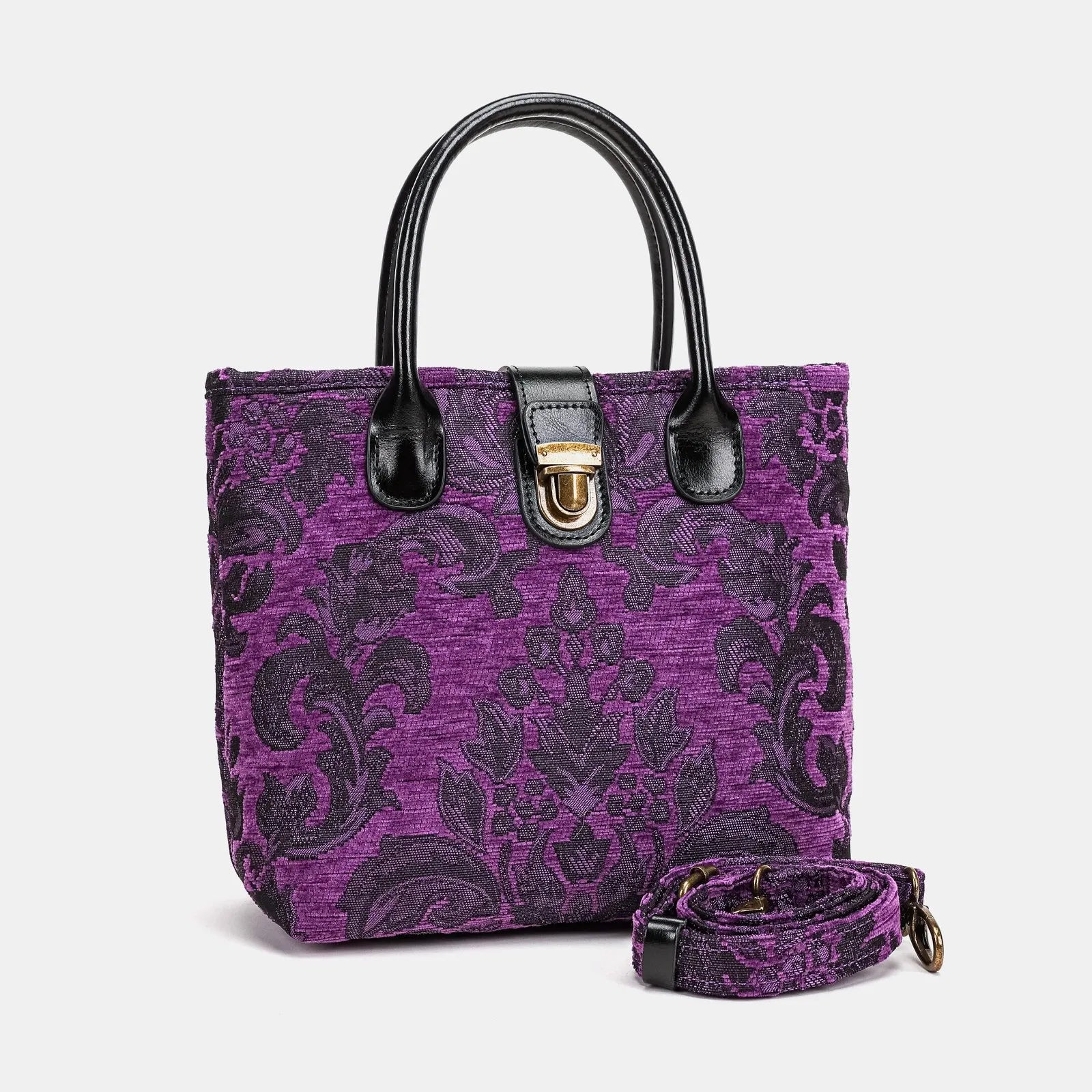 Victorian Blossom Purple Tuck Lock Carpet Satchel of America with strap