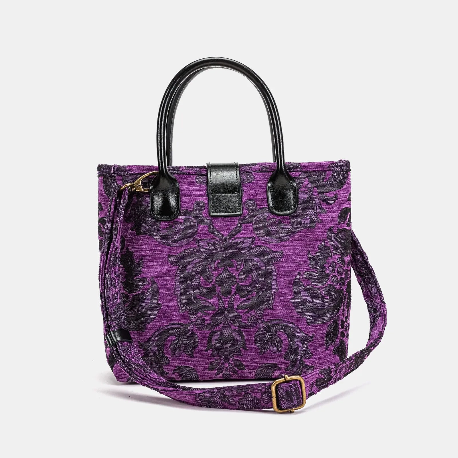 Victorian Blossom Purple Tuck Lock Carpet Satchel of America back