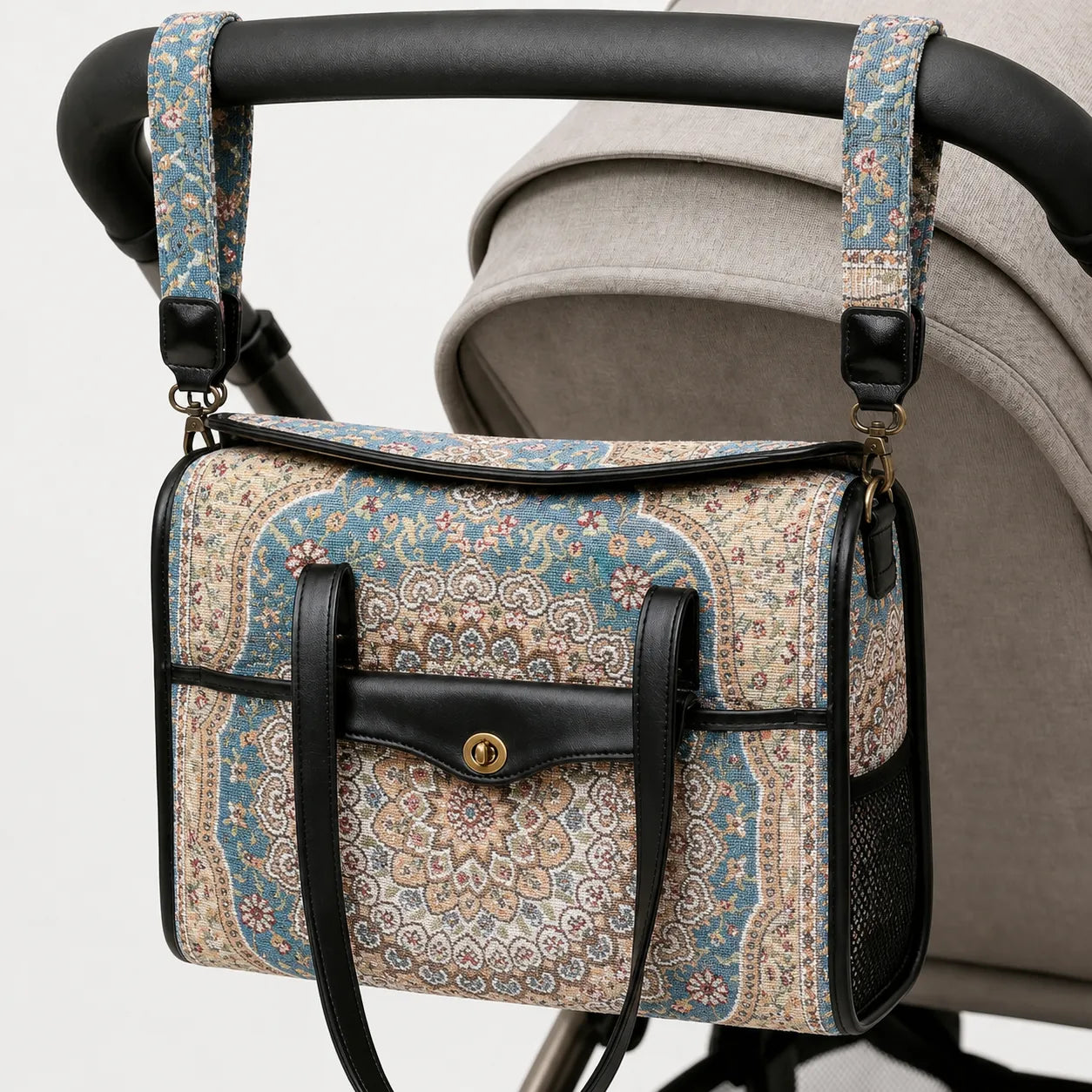 Oriental Blue Vintage Carpet Diaper Bag Carpetbag of America hang