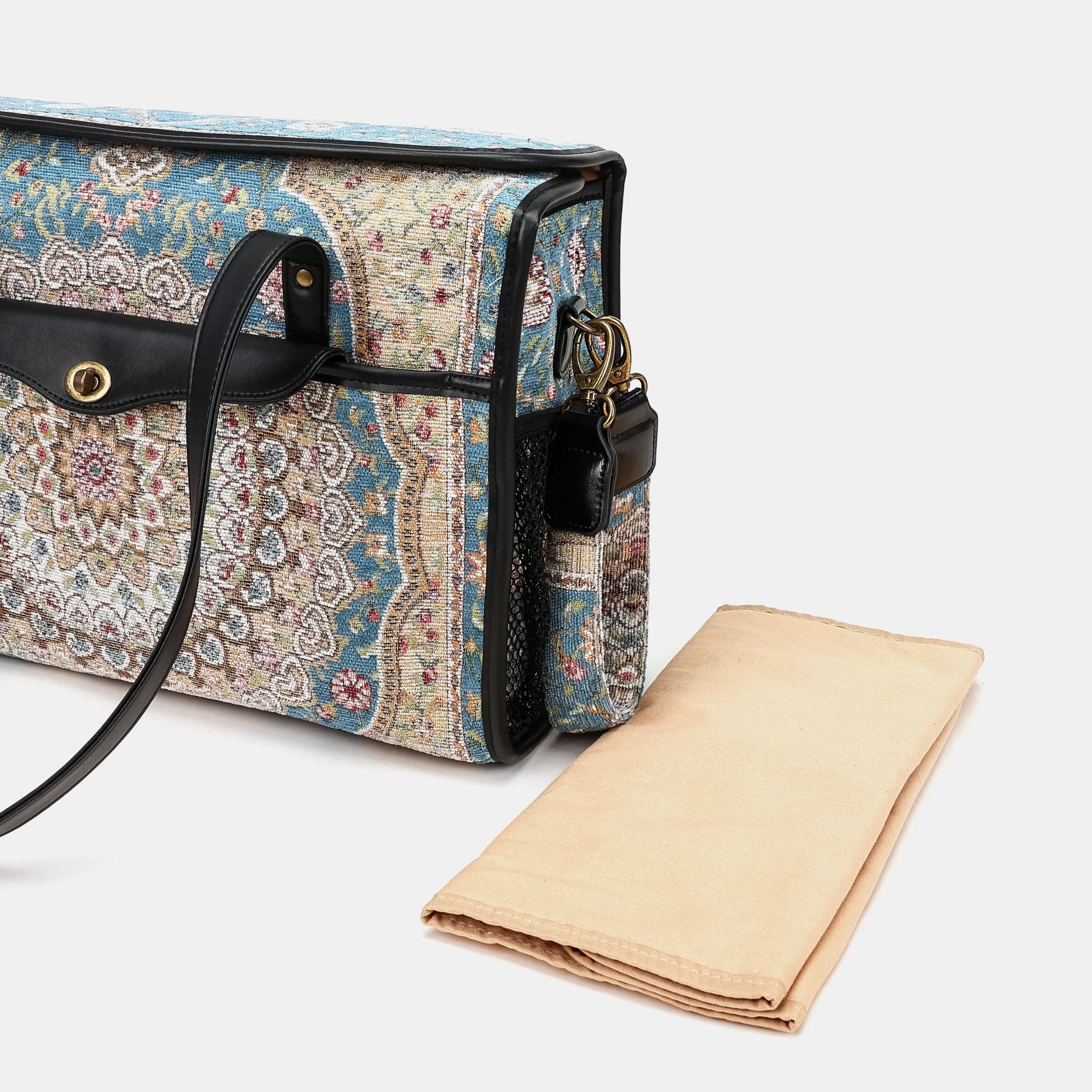 Oriental Blue Vintage Carpet Diaper Bag Carpetbag of America changing mat