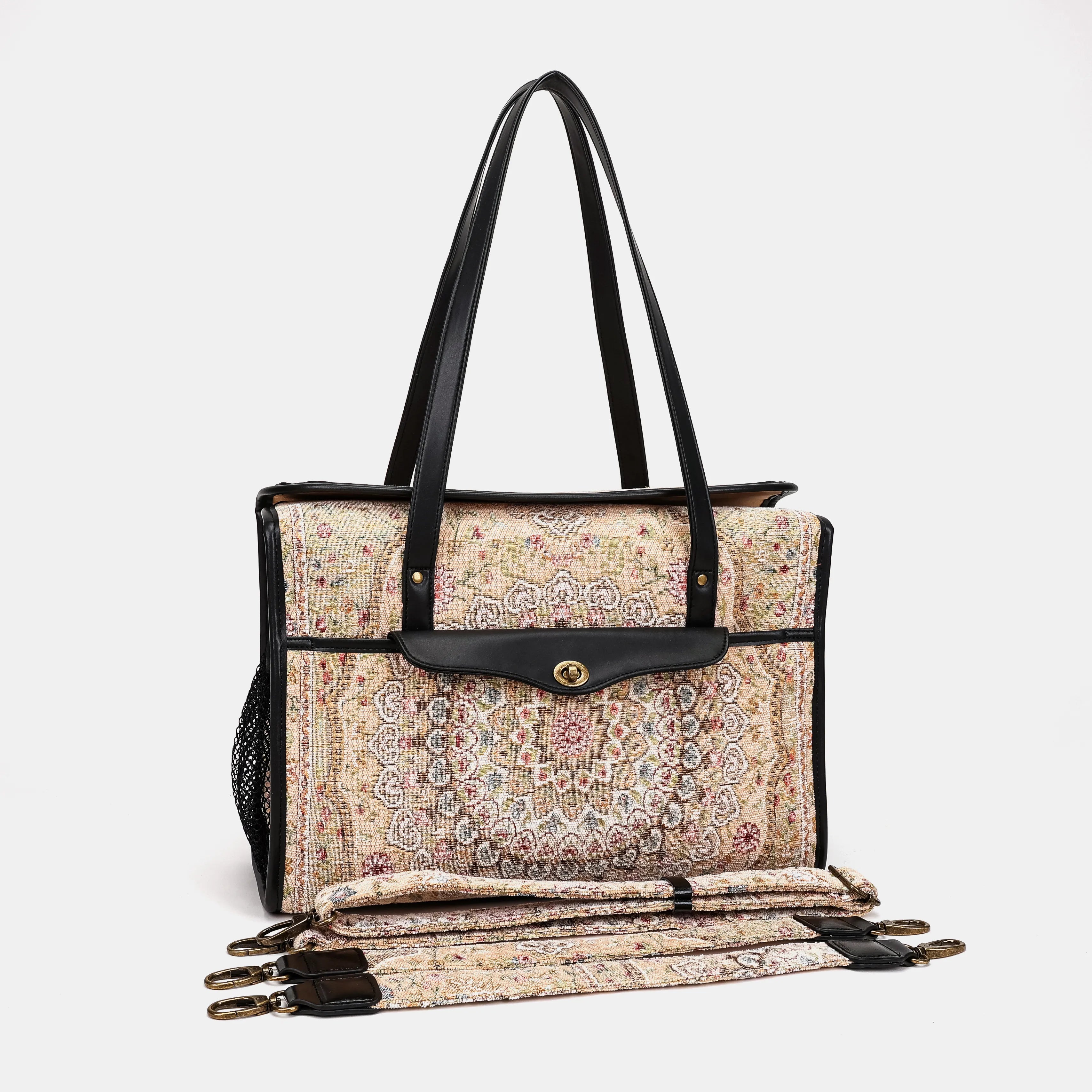 Oriental Beige Vintage Carpet Diaper Bag Carpetbag of America with straps
