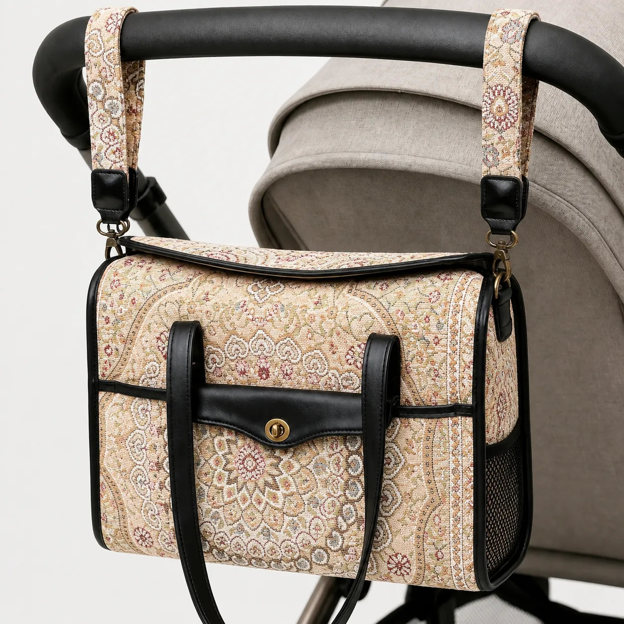 Oriental Beige Vintage Carpet Diaper Bag Carpetbag of America hang