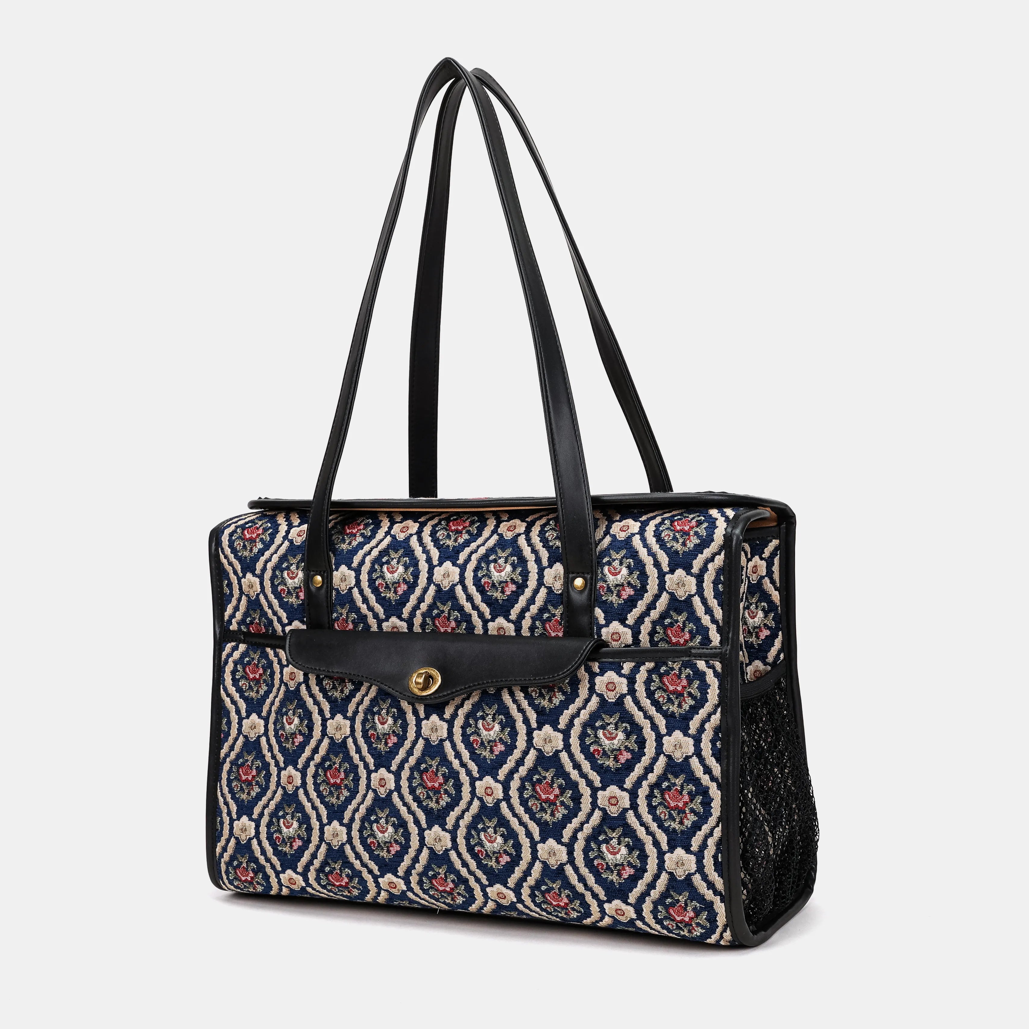 Traditional Blue Vintage Carpet Diaper Bag Carpetbag of America front side