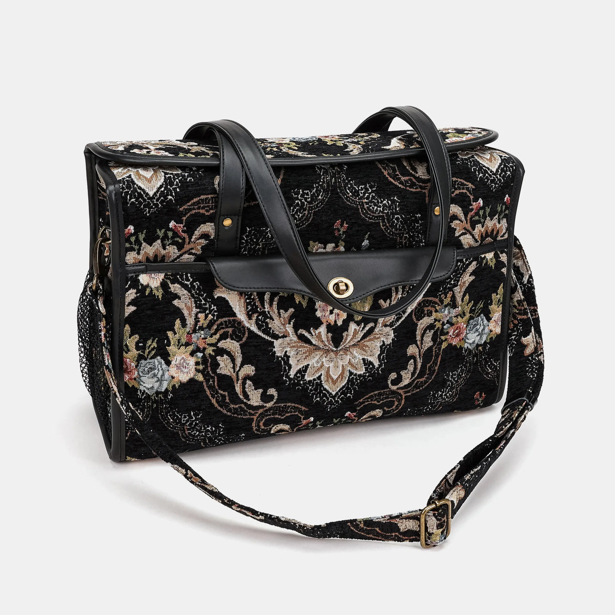 Floral Black Vintage Carpet Diaper Bag Carpetbag of America with shoulder strap