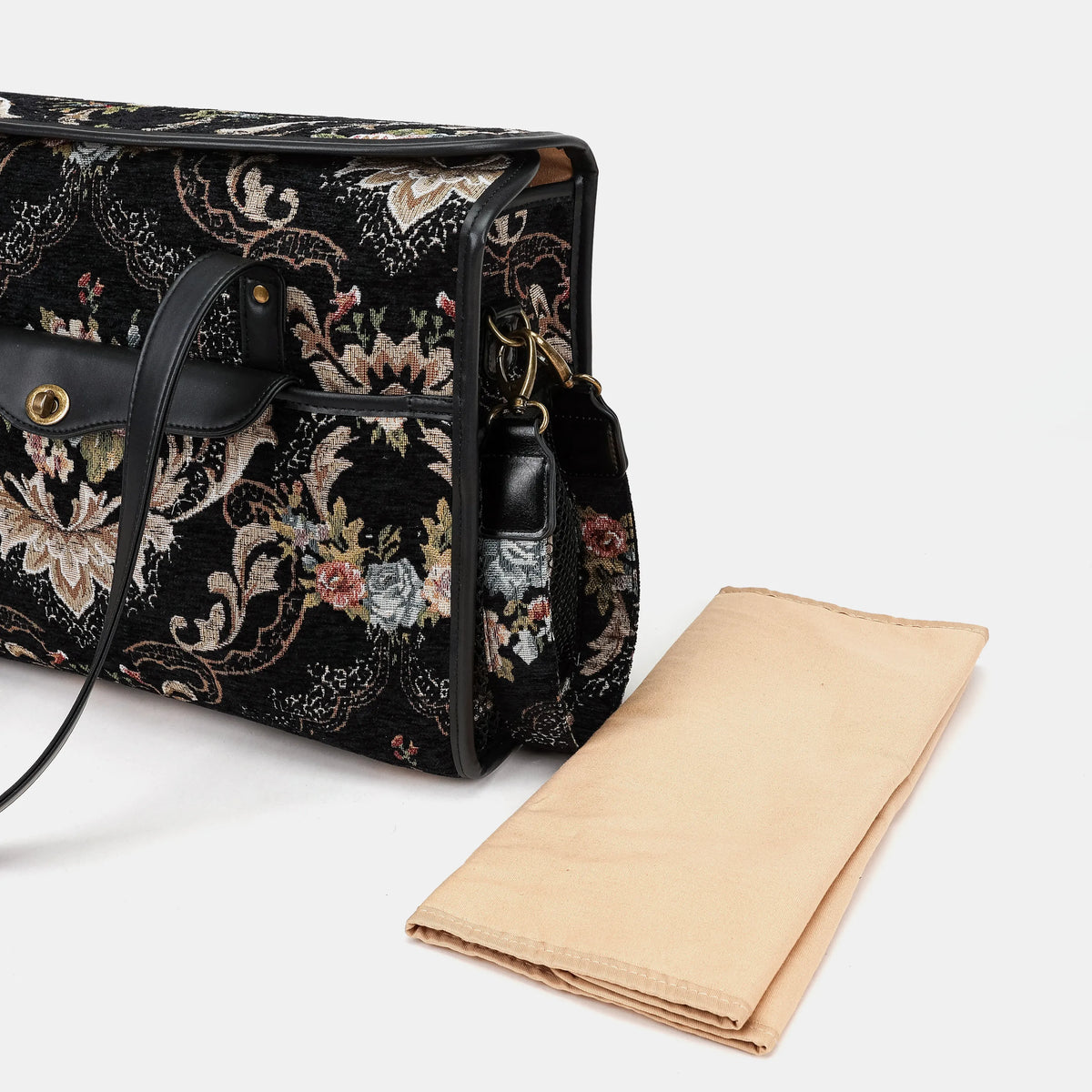 Floral Black Vintage Carpet Diaper Bag Carpetbag of America changing mat