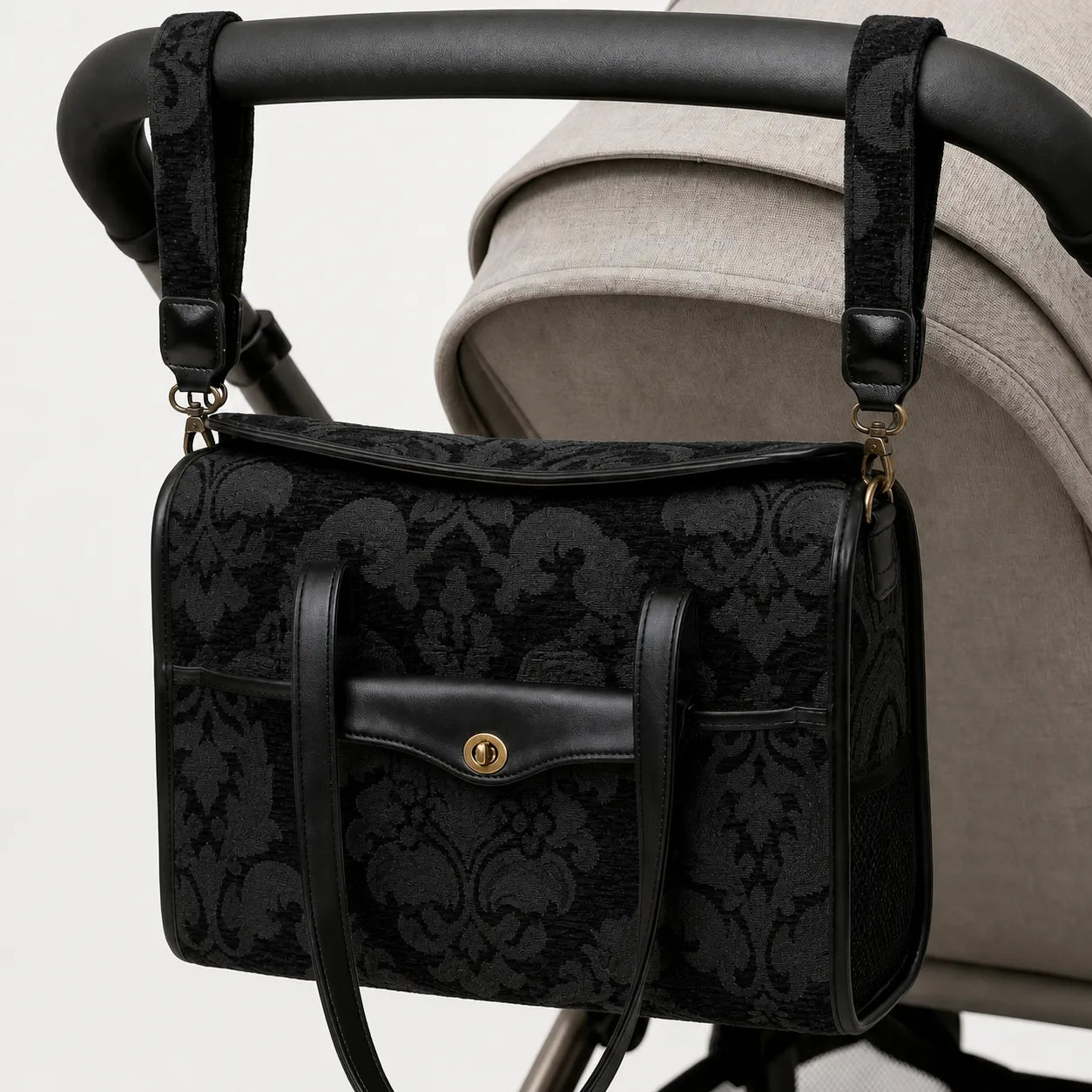 Victorian Blossom Black/Black Vintage Carpet Diaper Bag of America hang