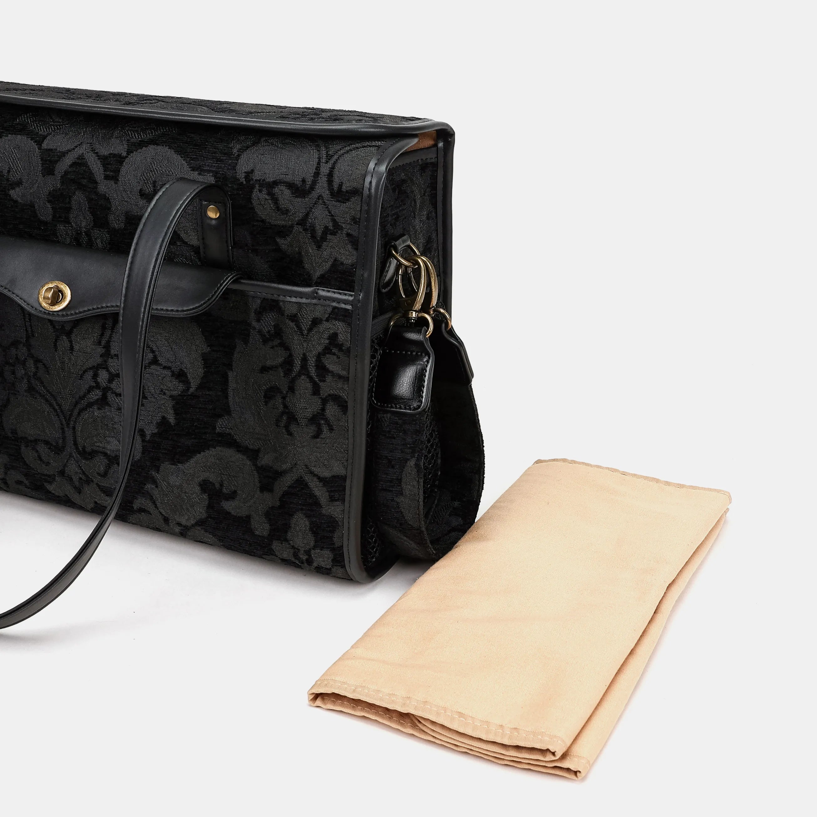 Victorian Blossom Black/Black Vintage Carpet Diaper Bag of America chnging mat