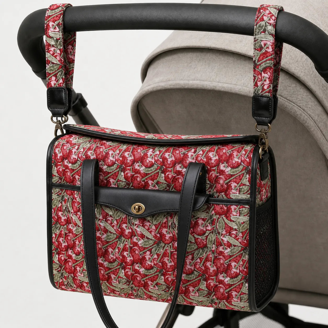 Cherry Cascade Vintage Carpet Diaper Bag Carpetbag of America hang