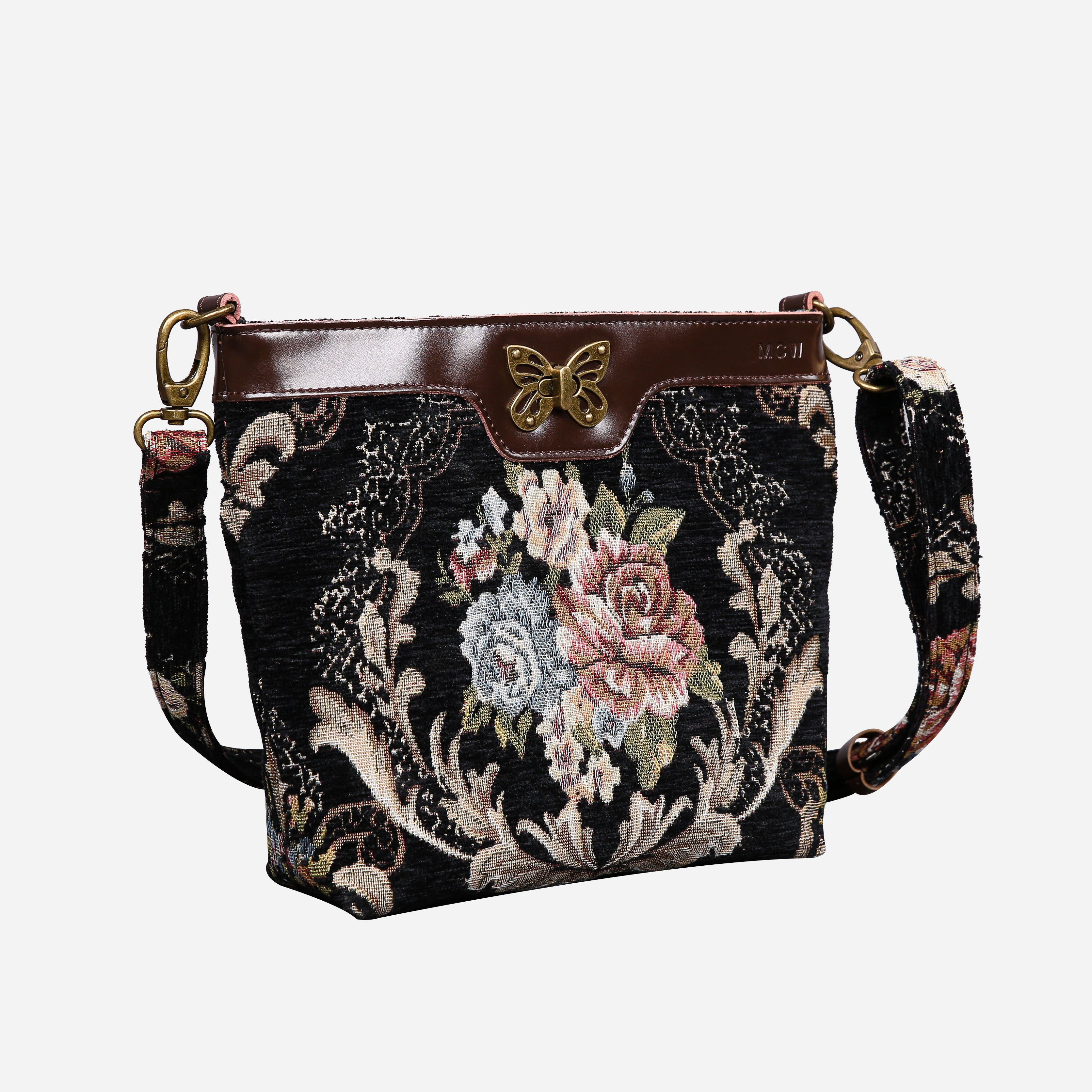 Floral Black Leather Brown Carpet Crossbody Bag carpet bag MCW Handmade-1