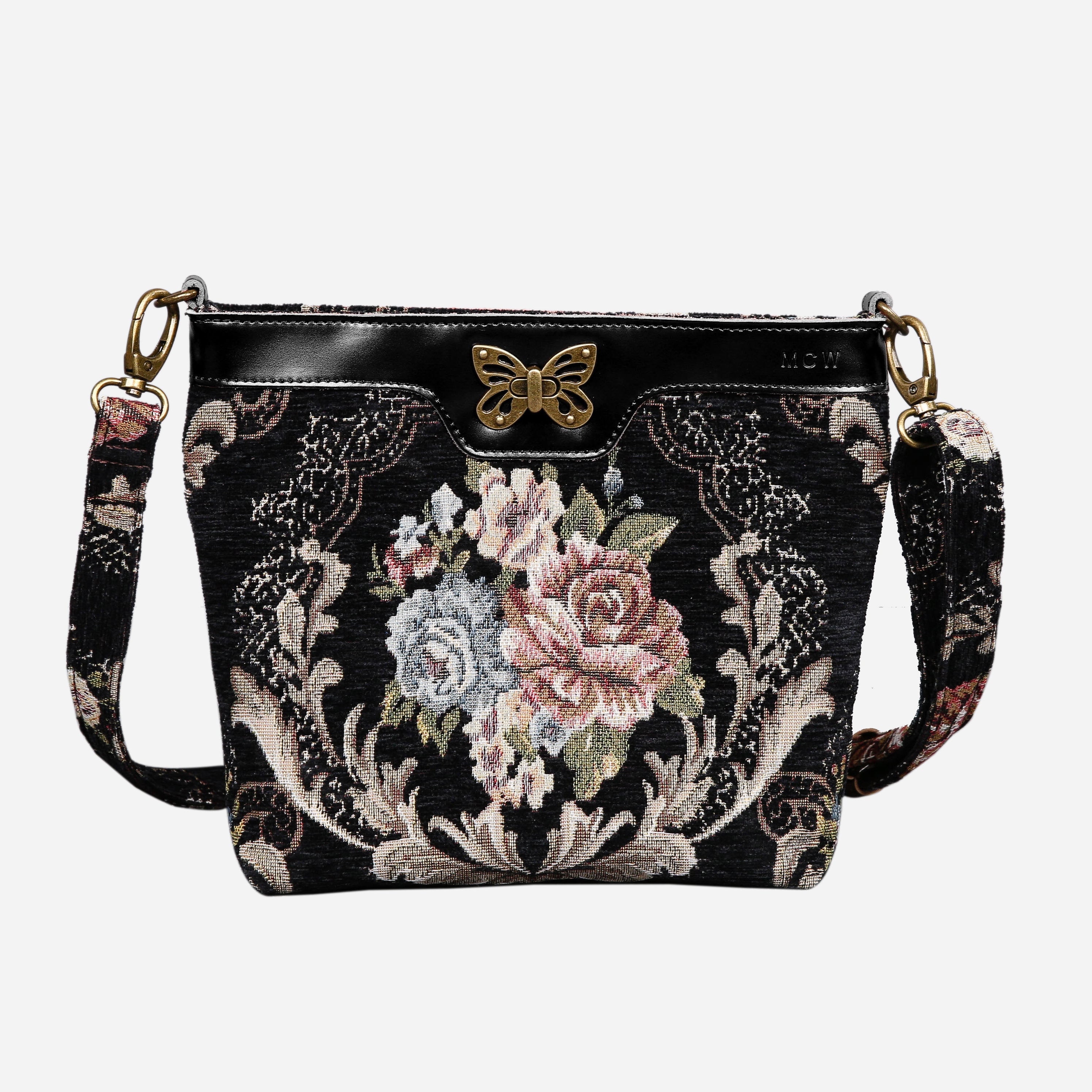 Floral Black Leather Black Butterfly Crossbody Bag