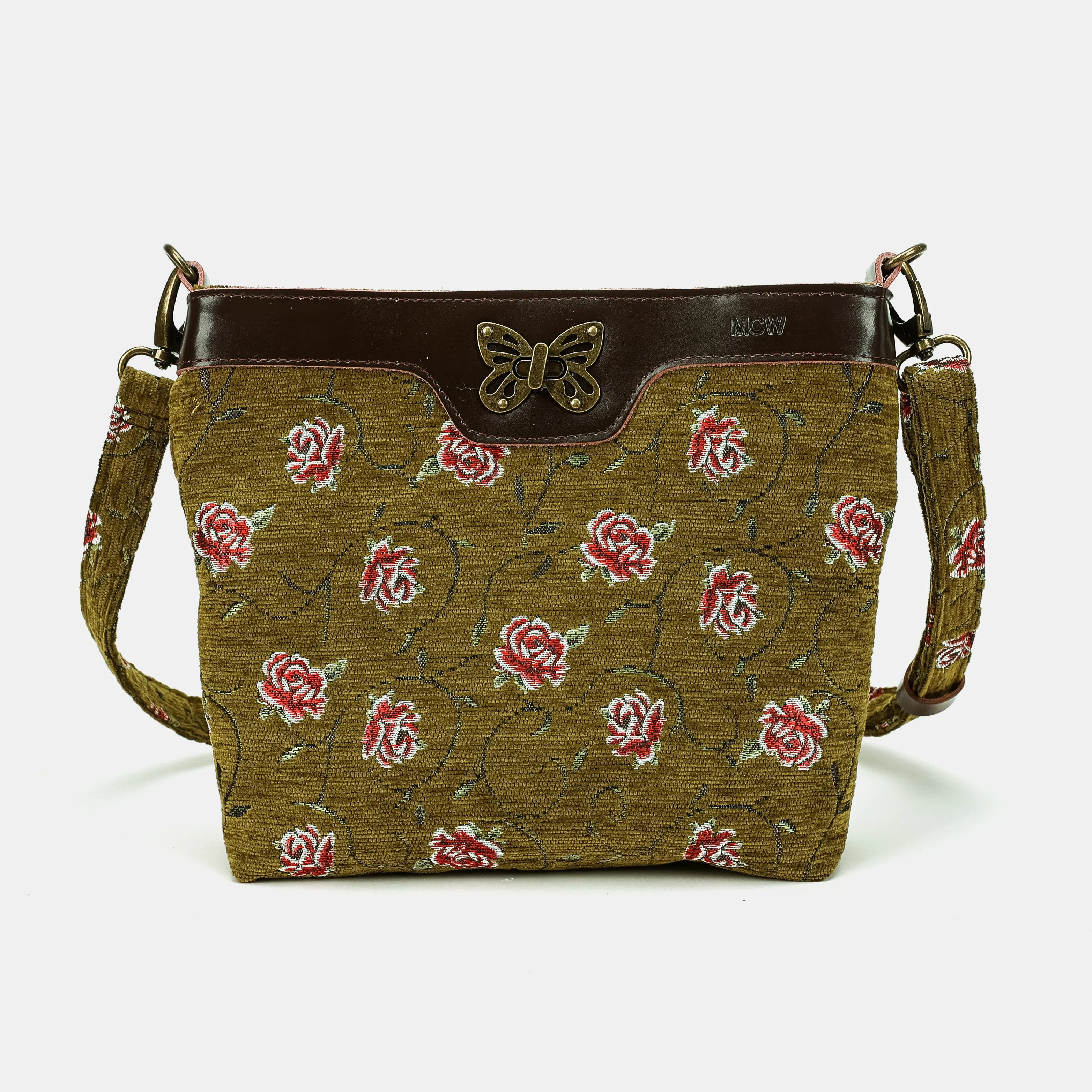 Climbing Rose Avocado Butterfly Crossbody Bag Carpetbag of America main