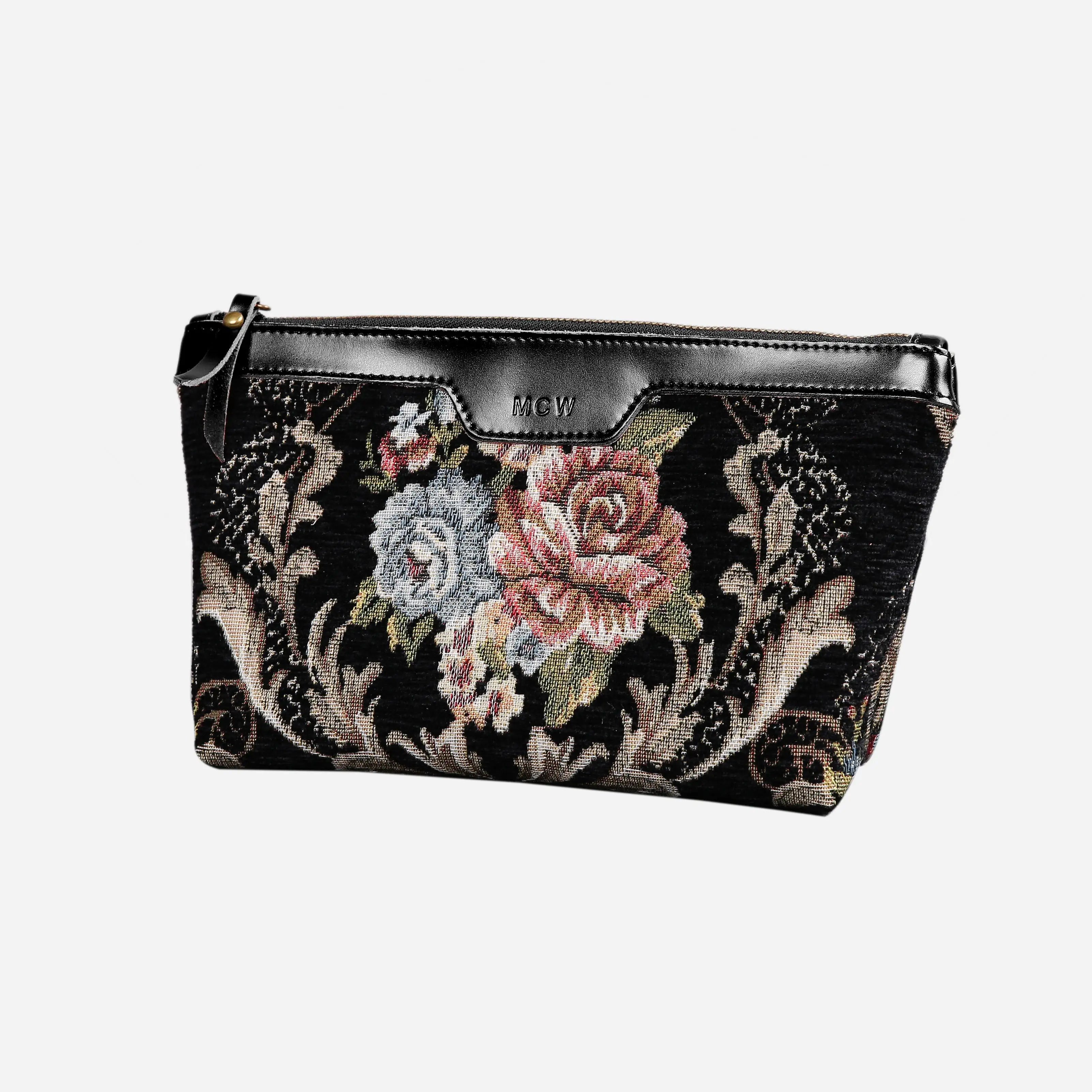 Floral Black Leather Black Carpet Makeup Bag carpet bag MCW Handmade of America front