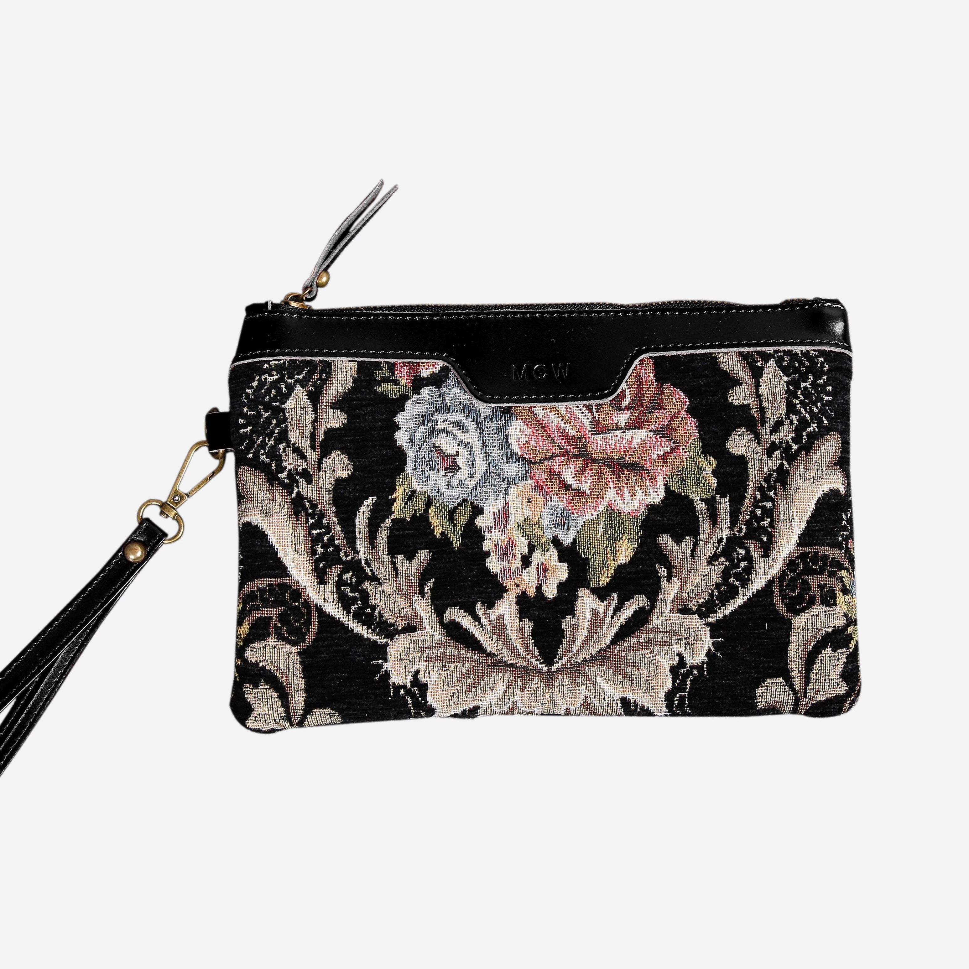Floral Black Leather Black Wristlet Clutch carpet bag MCW Handmade