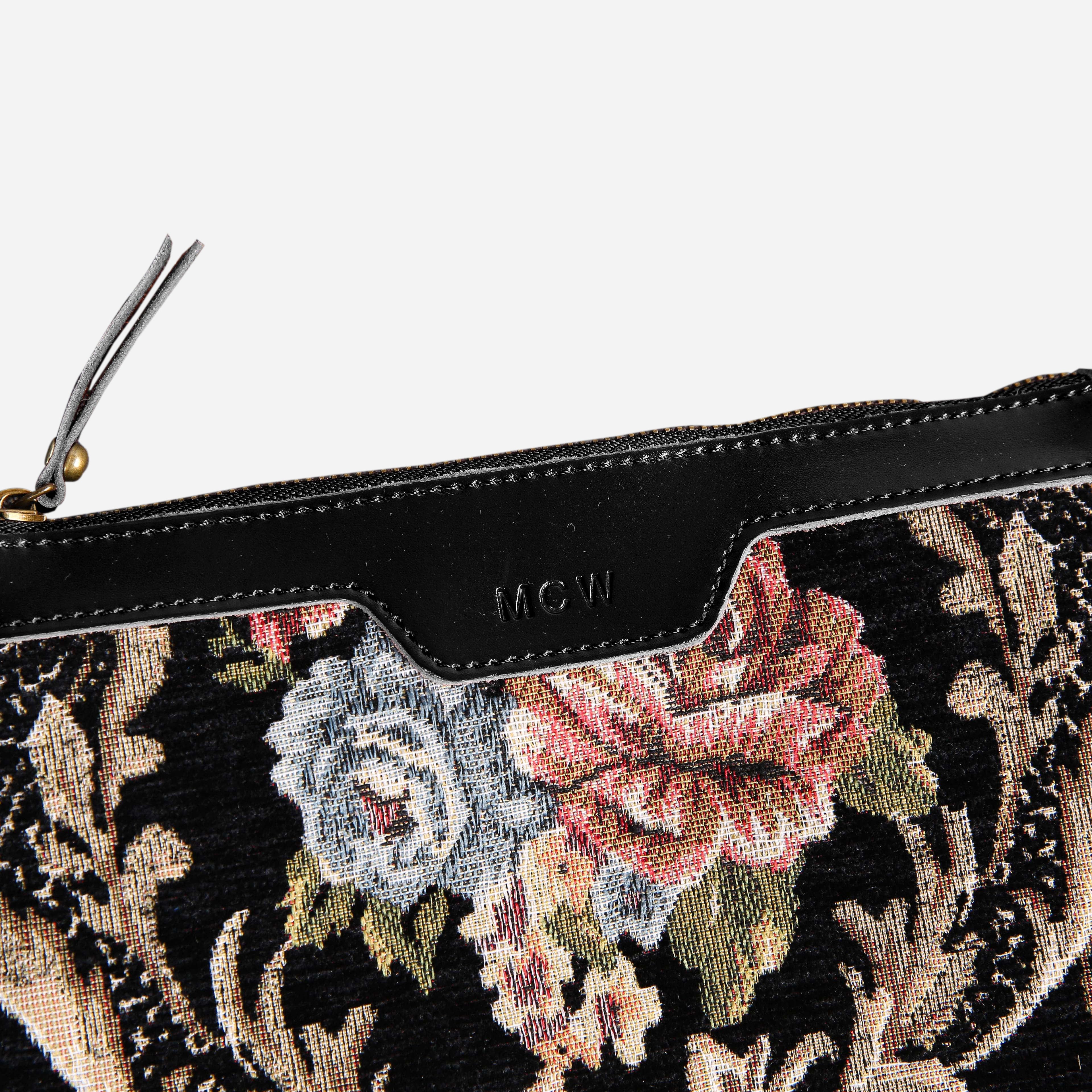 Floral Black Leather Black Wristlet Clutch carpet bag MCW Handmade-2