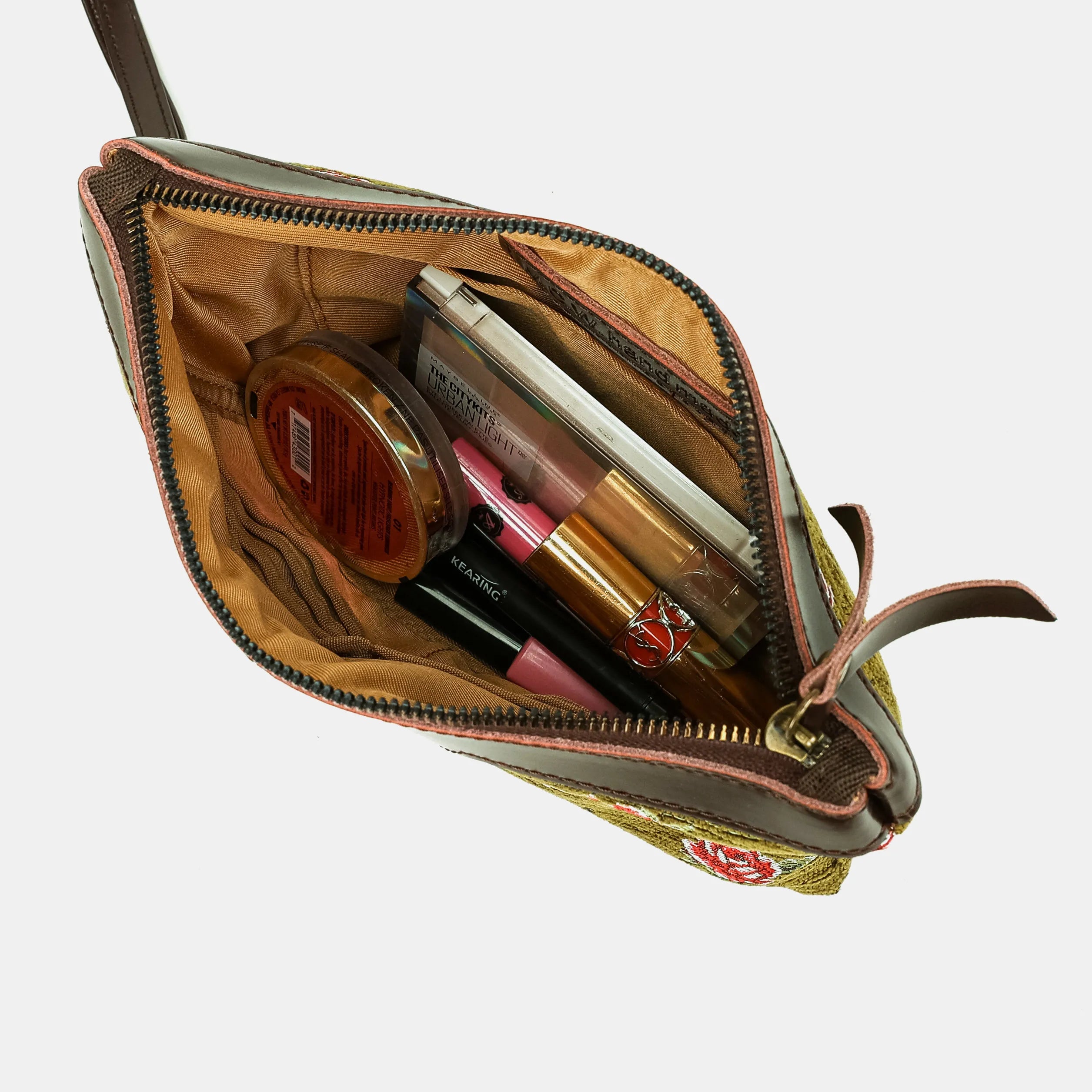 Climbing Rose Avocado Wristlet Clutch Carpetbag of America in use