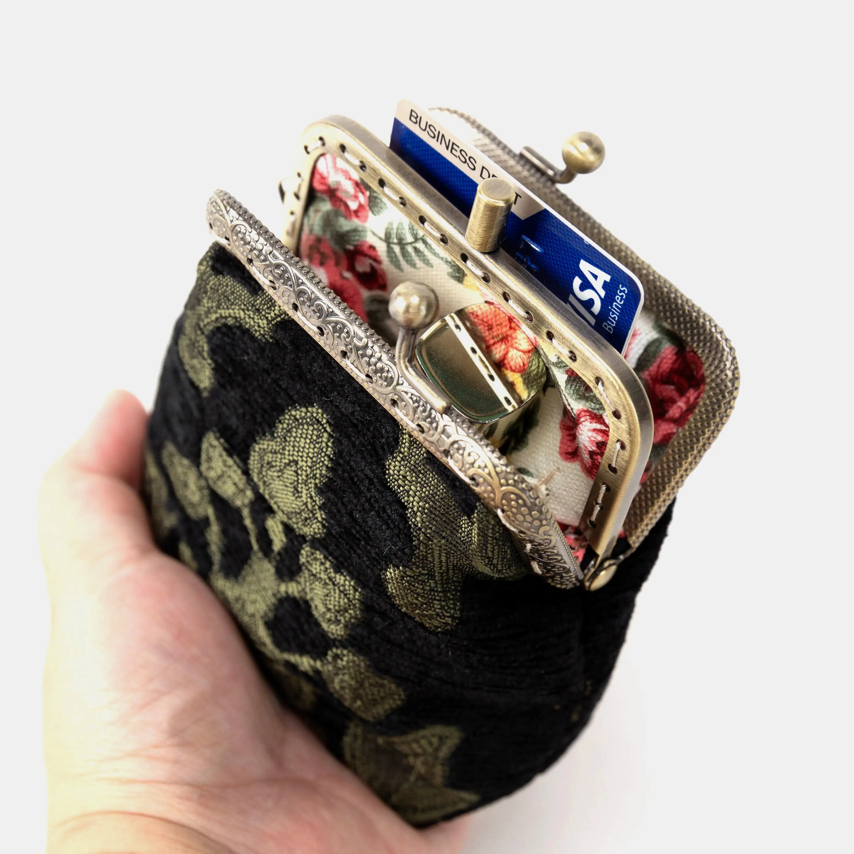 Victorian Blossom Black/Green Double Kiss Clasp Coin Purse of America in use-3