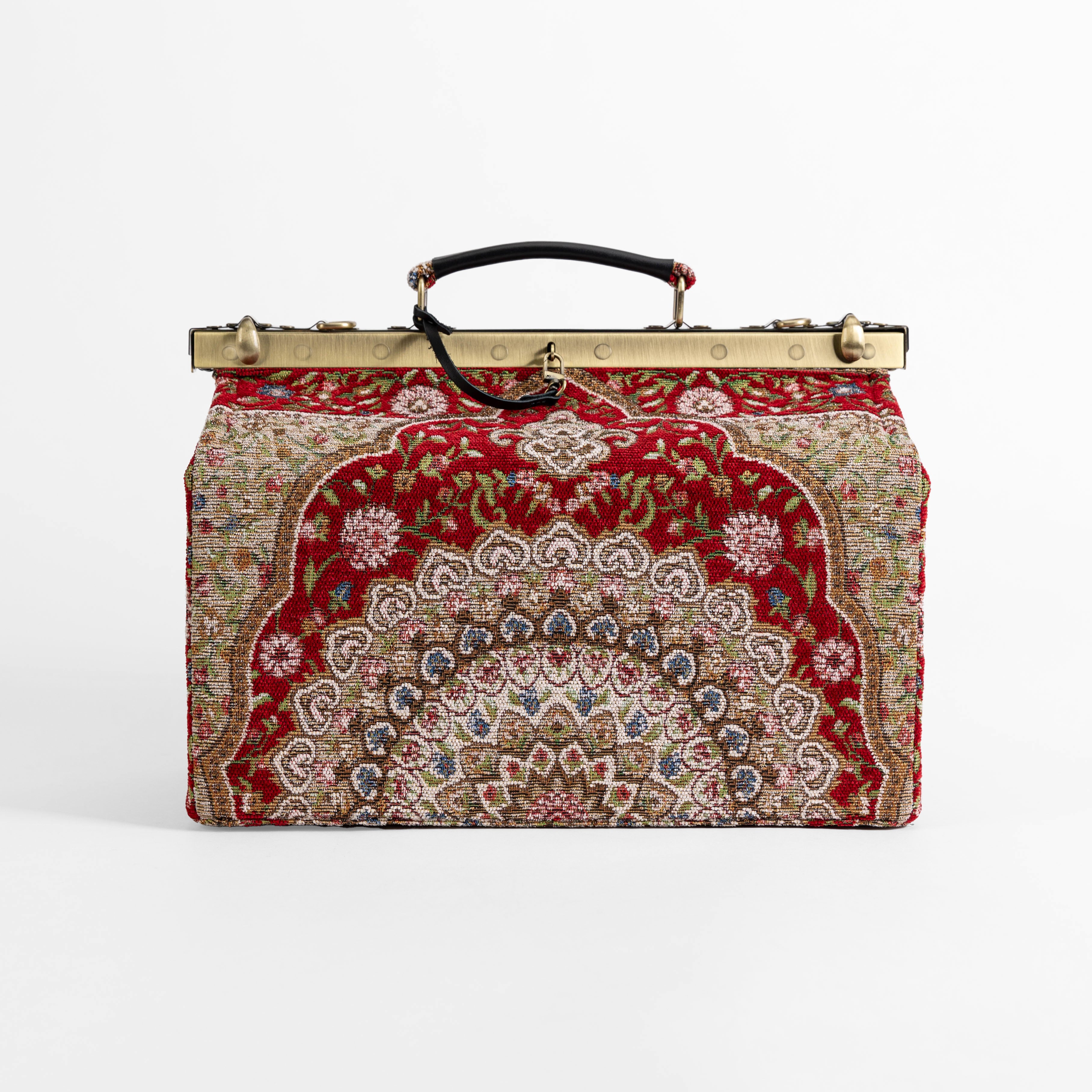 Gladstone Bag Carpet Doctor Bag Victorian Weekender Bag Shoulder Frame Bag Genevieve Oriental Red Carpetbagger Carpetbag of America front