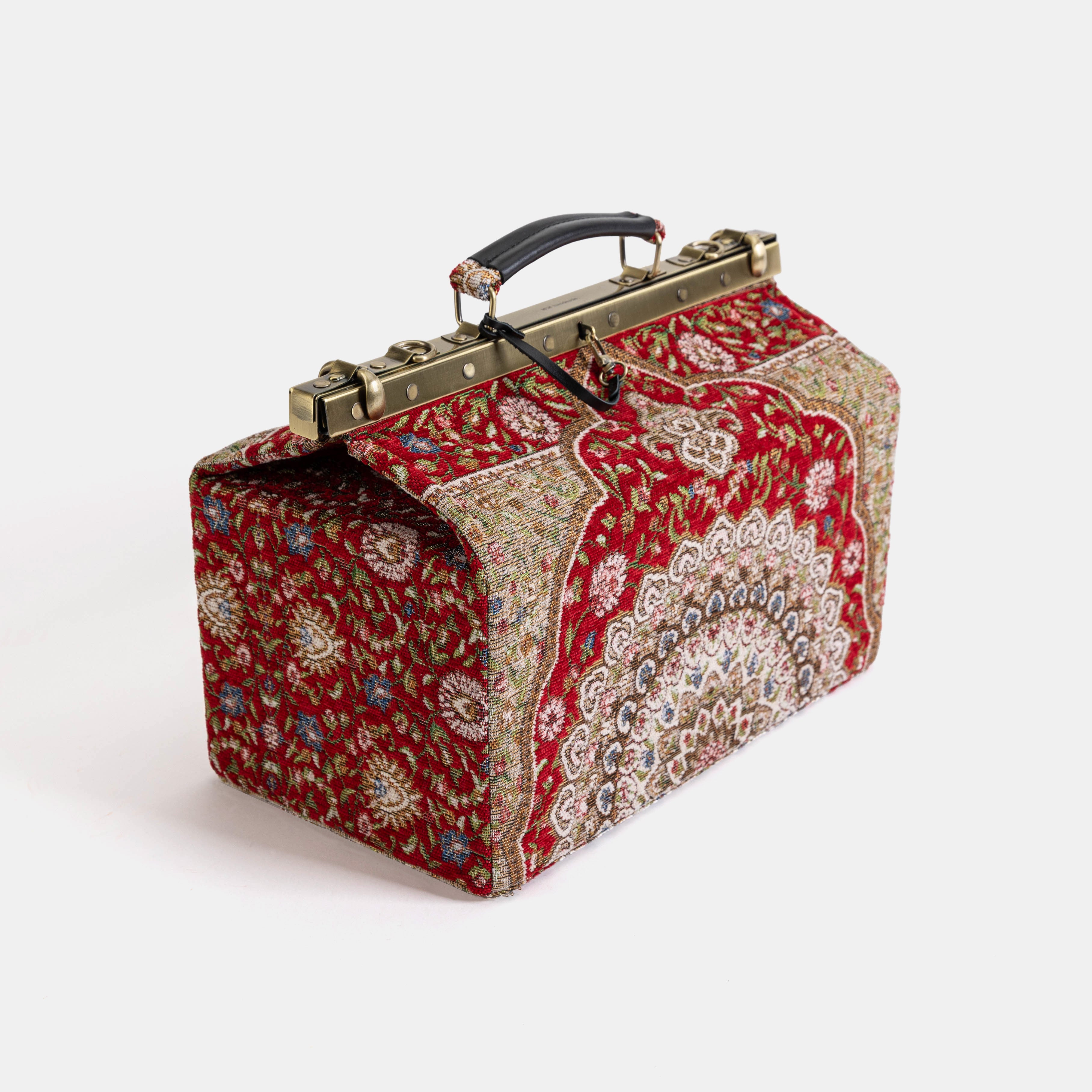 Gladstone Bag Carpet Doctor Bag Victorian Weekender Bag Shoulder Frame Bag Genevieve Oriental Red Carpetbagger Carpetbag of America side