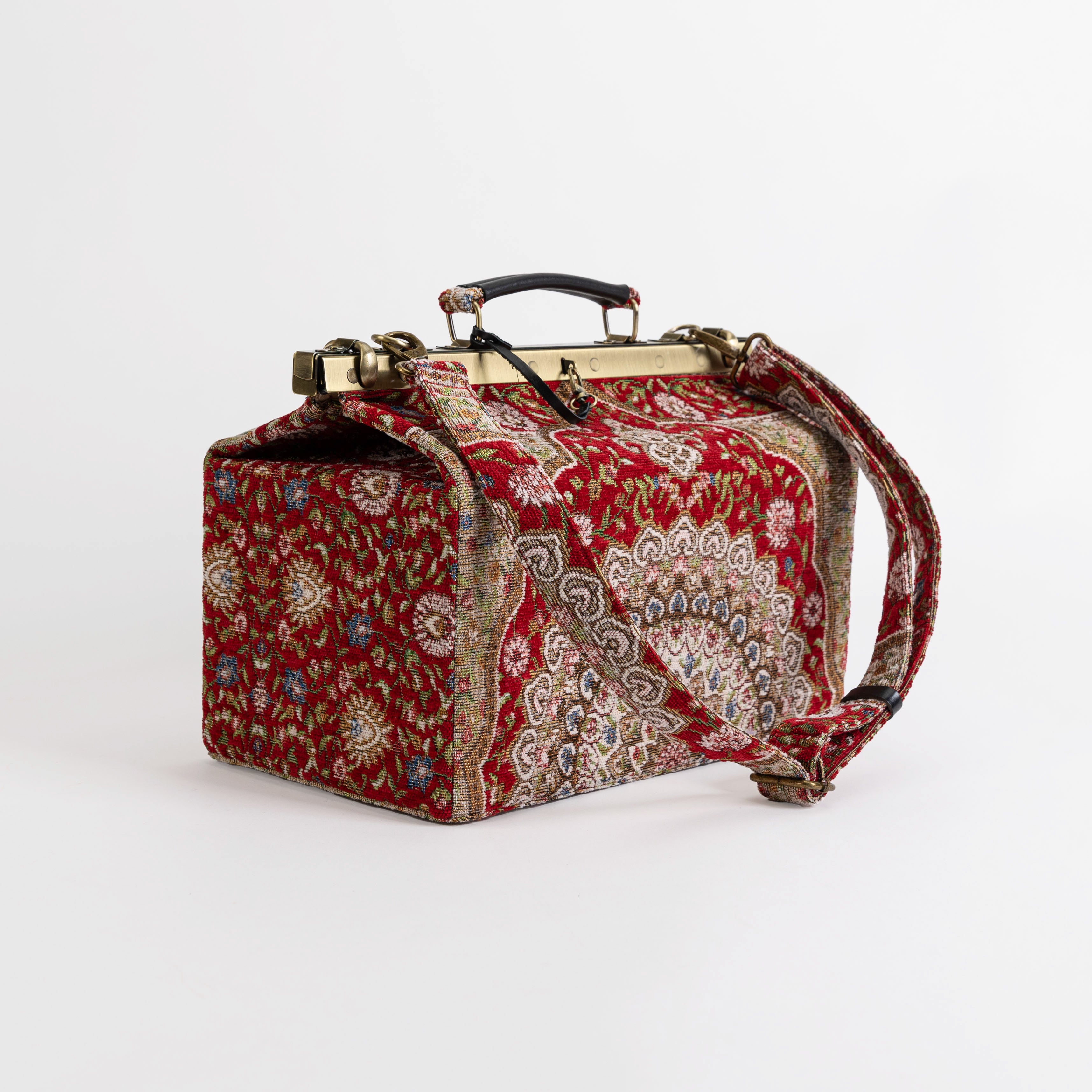 Gladstone Bag Carpet Doctor Bag Victorian Weekender Bag Shoulder Frame Bag Genevieve Oriental Red Carpetbagger Carpetbag of America with shoulder strap