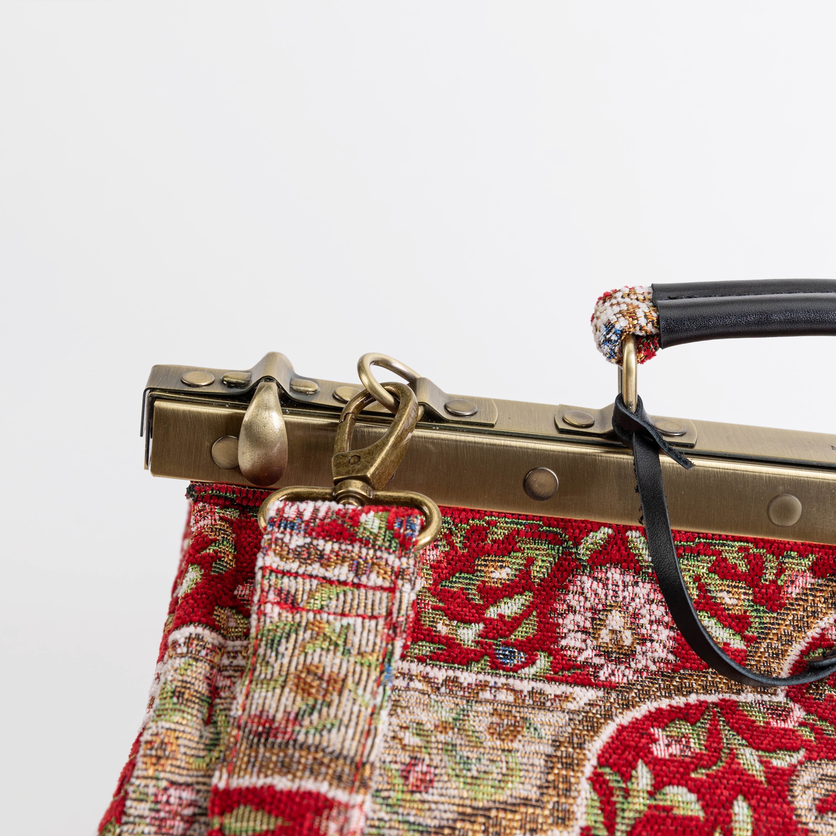 Gladstone Bag Carpet Doctor Bag Victorian Weekender Bag Shoulder Frame Bag Genevieve Oriental Red Carpetbagger Carpetbag of America shoulder strap clasp