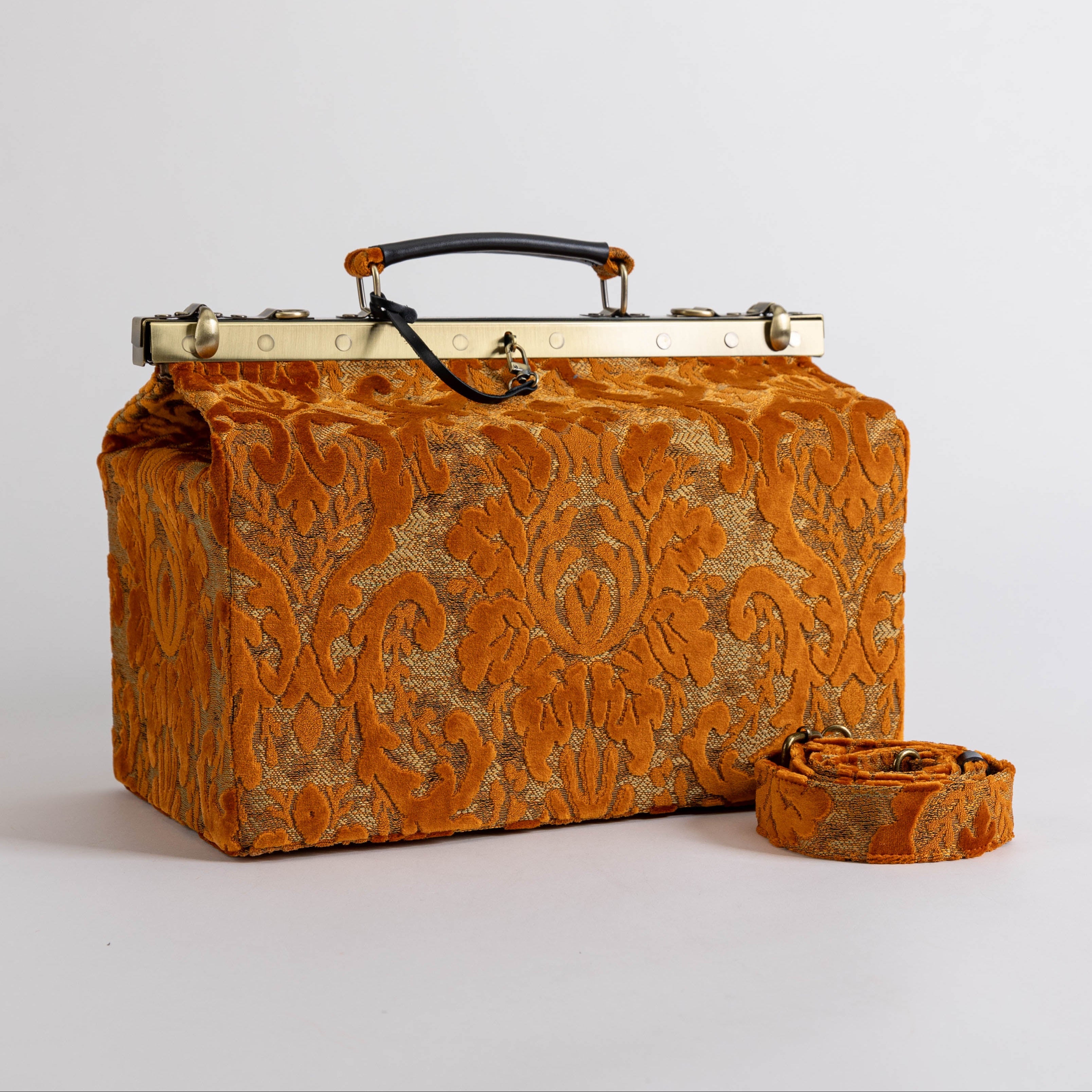 Gladstone Bag Carpet Doctor Bag Victorian Weekender Bag Shoulder Frame Bag Genevieve Burnout Velvet Orange Carpetbagger Carpetbag of America main