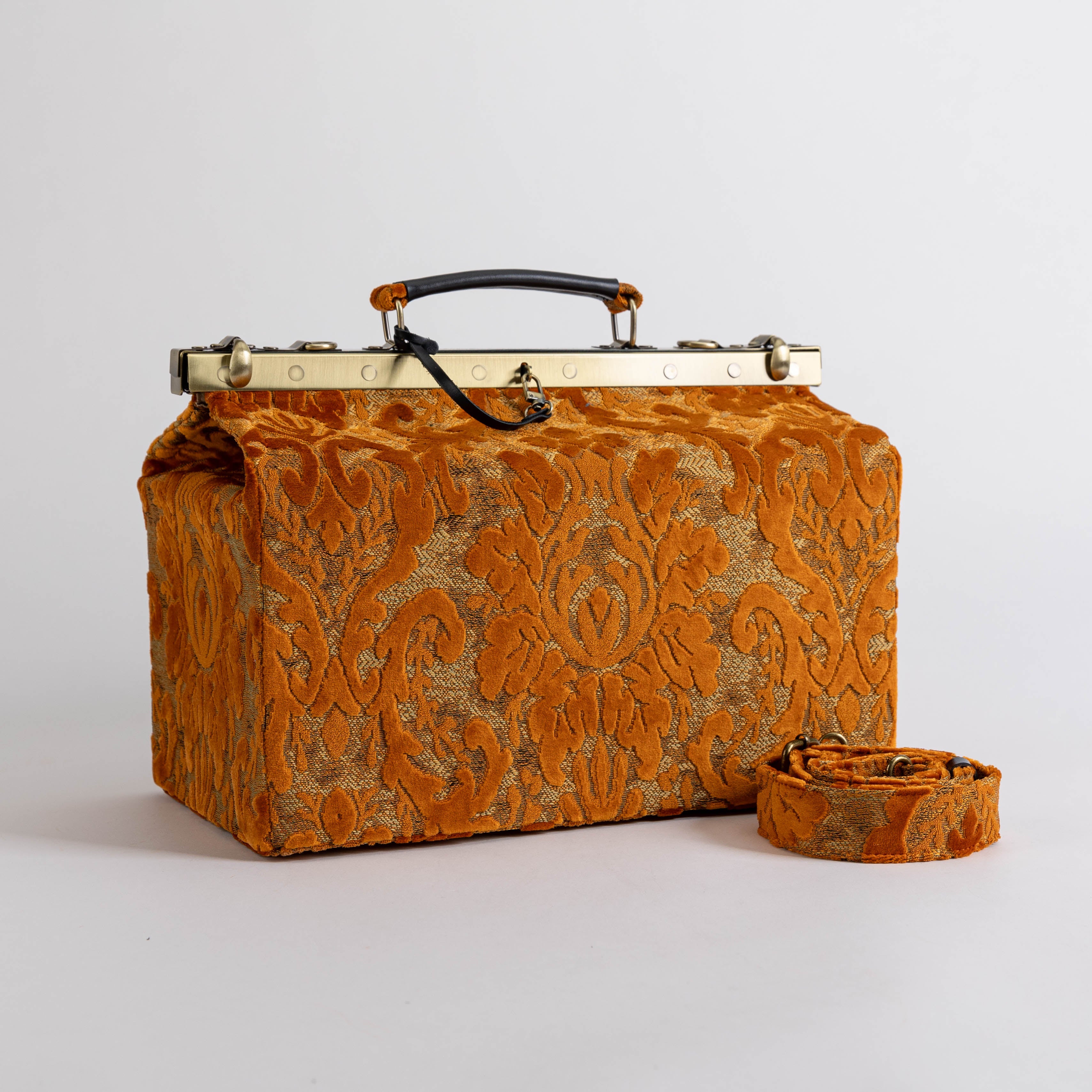 Gladstone Bag Carpet Doctor Bag Victorian Weekender Bag Shoulder Frame Bag Genevieve Burnout Velvet Orange Carpetbagger Carpetbag of America main