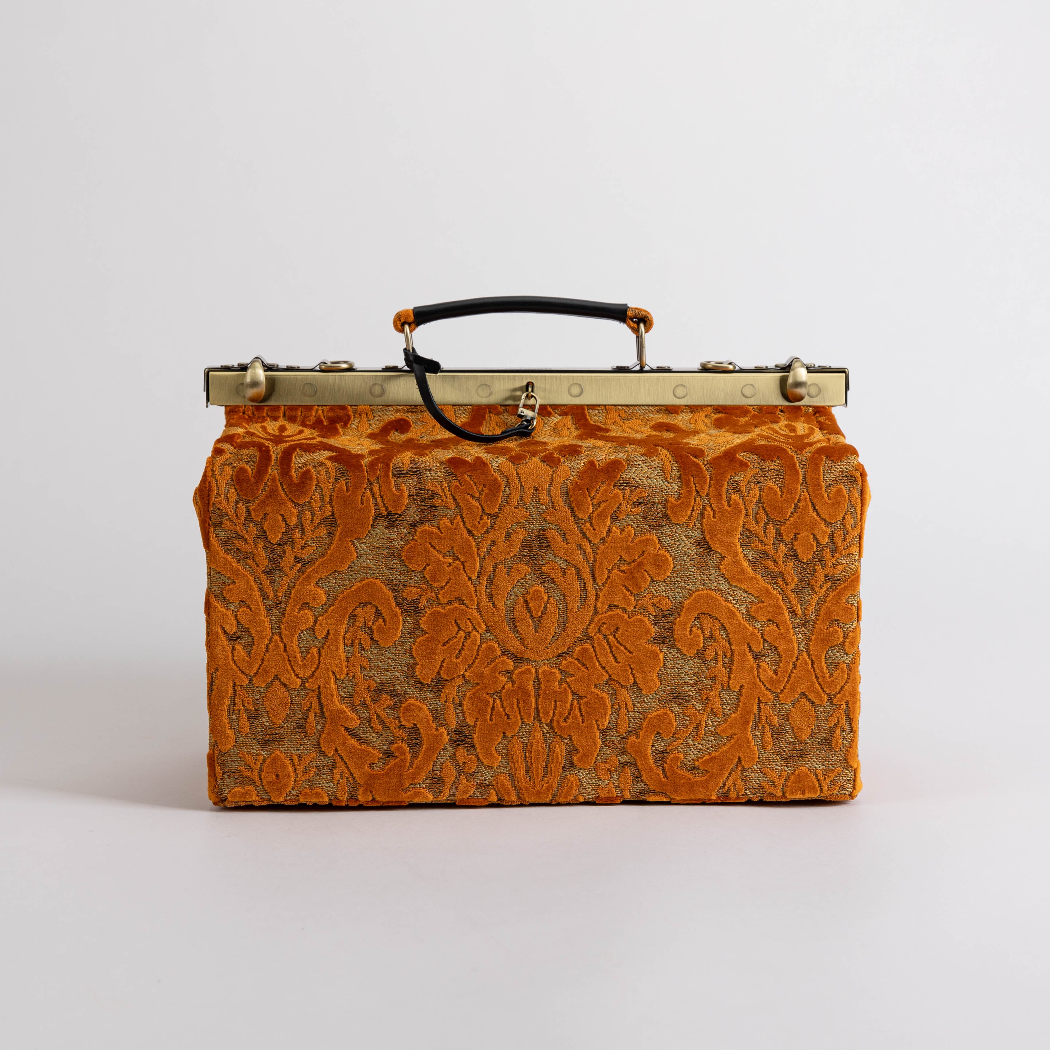 Gladstone Bag Carpet Doctor Bag Victorian Weekender Bag Shoulder Frame Bag Genevieve Burnout Velvet Orange Carpetbagger Carpetbag of America front