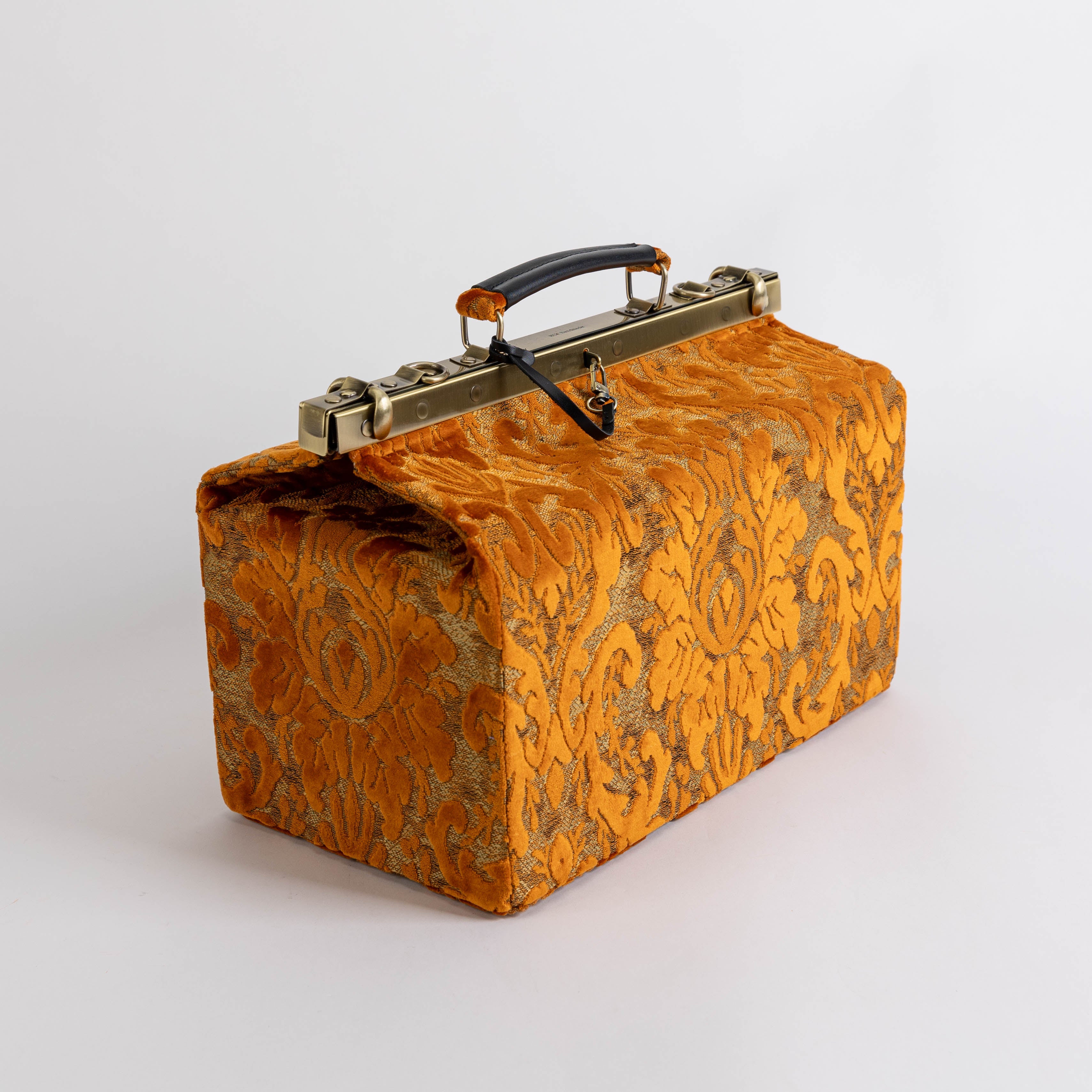 Gladstone Bag Carpet Doctor Bag Victorian Weekender Bag Shoulder Frame Bag Genevieve Burnout Velvet Orange Carpetbagger Carpetbag of America side