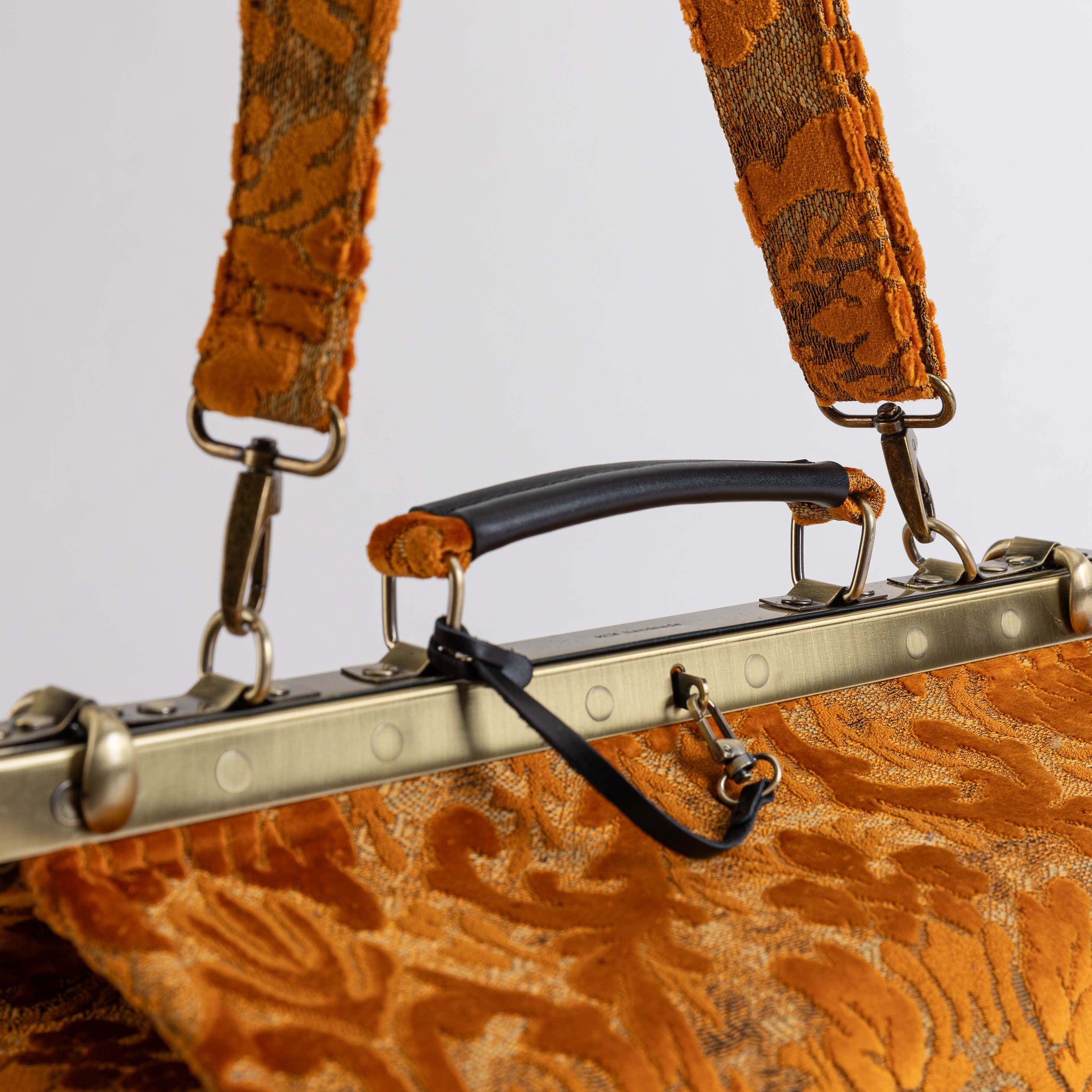 Gladstone Bag Carpet Doctor Bag Victorian Weekender Bag Shoulder Frame Bag Genevieve Burnout Velvet Orange Carpetbagger Carpetbag of America handle