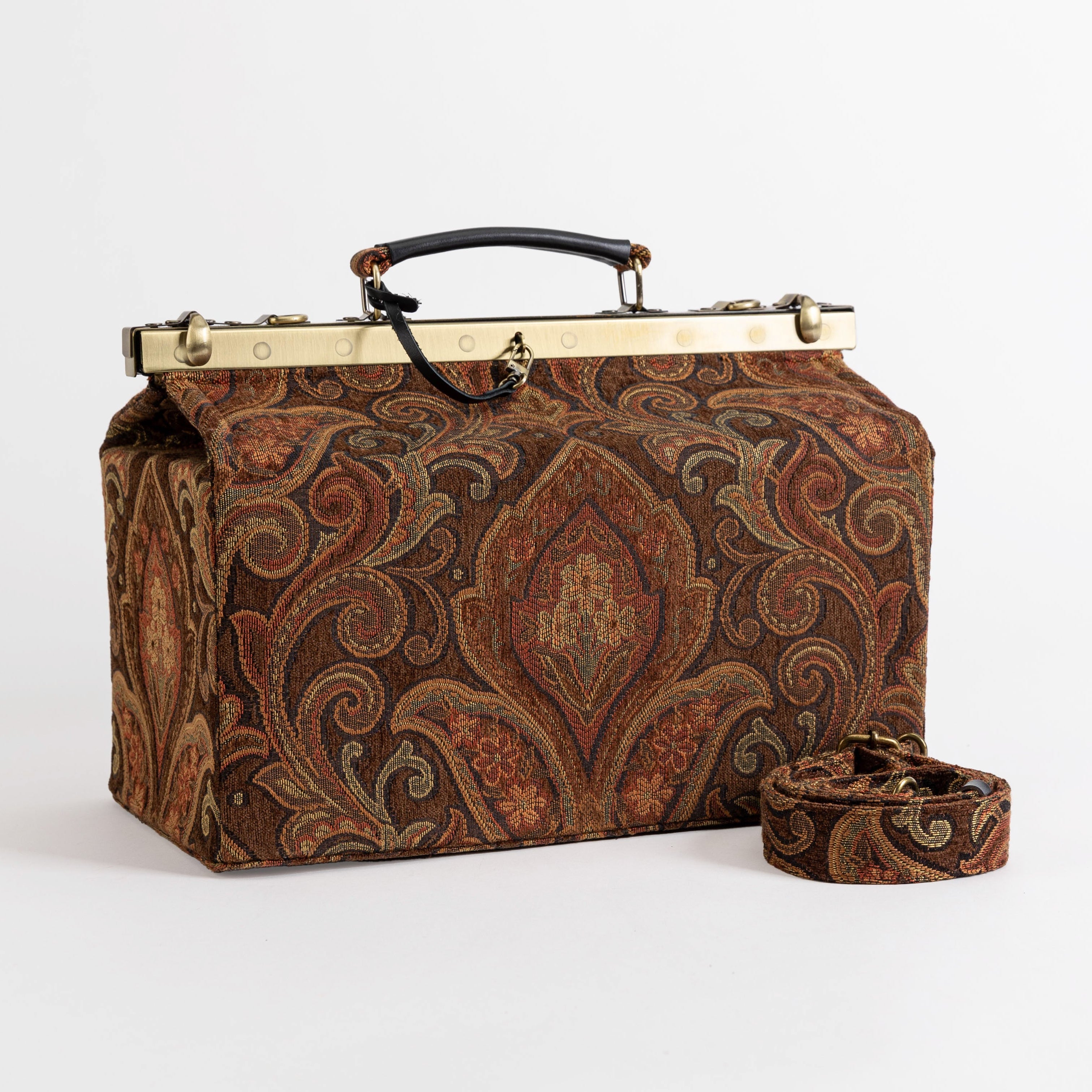 Gladstone Bag Carpet Doctor Bag Victorian Weekender Bag Shoulder Frame Bag Genevieve Damask D. Brown Carpetbagger Carpetbag of America main