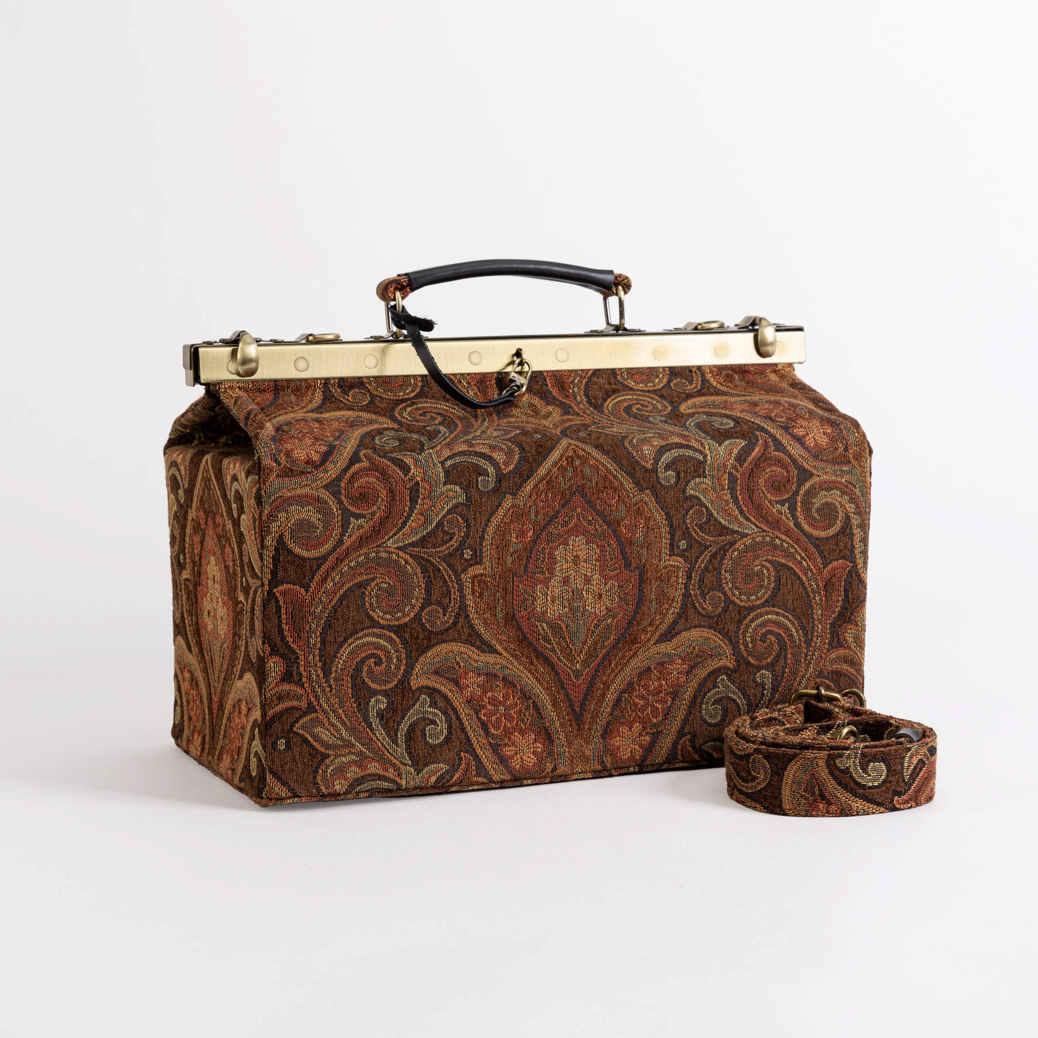 Gladstone Bag Carpet Doctor Bag Victorian Weekender Bag Shoulder Frame Bag Genevieve Damask D. Brown Carpetbagger Carpetbag of America main