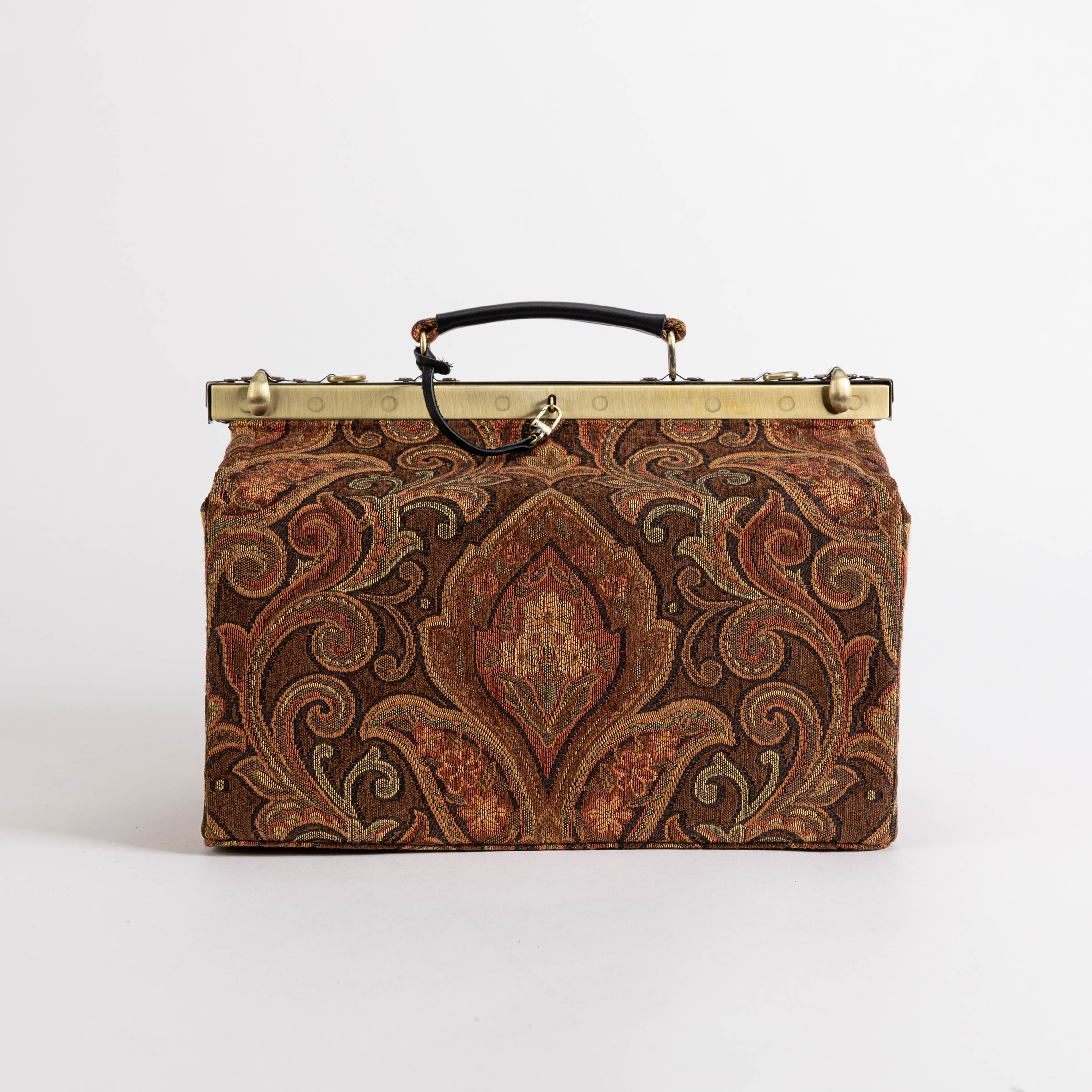 Gladstone Bag Carpet Doctor Bag Victorian Weekender Bag Shoulder Frame Bag Genevieve Damask D. Brown Carpetbagger Carpetbag of America front