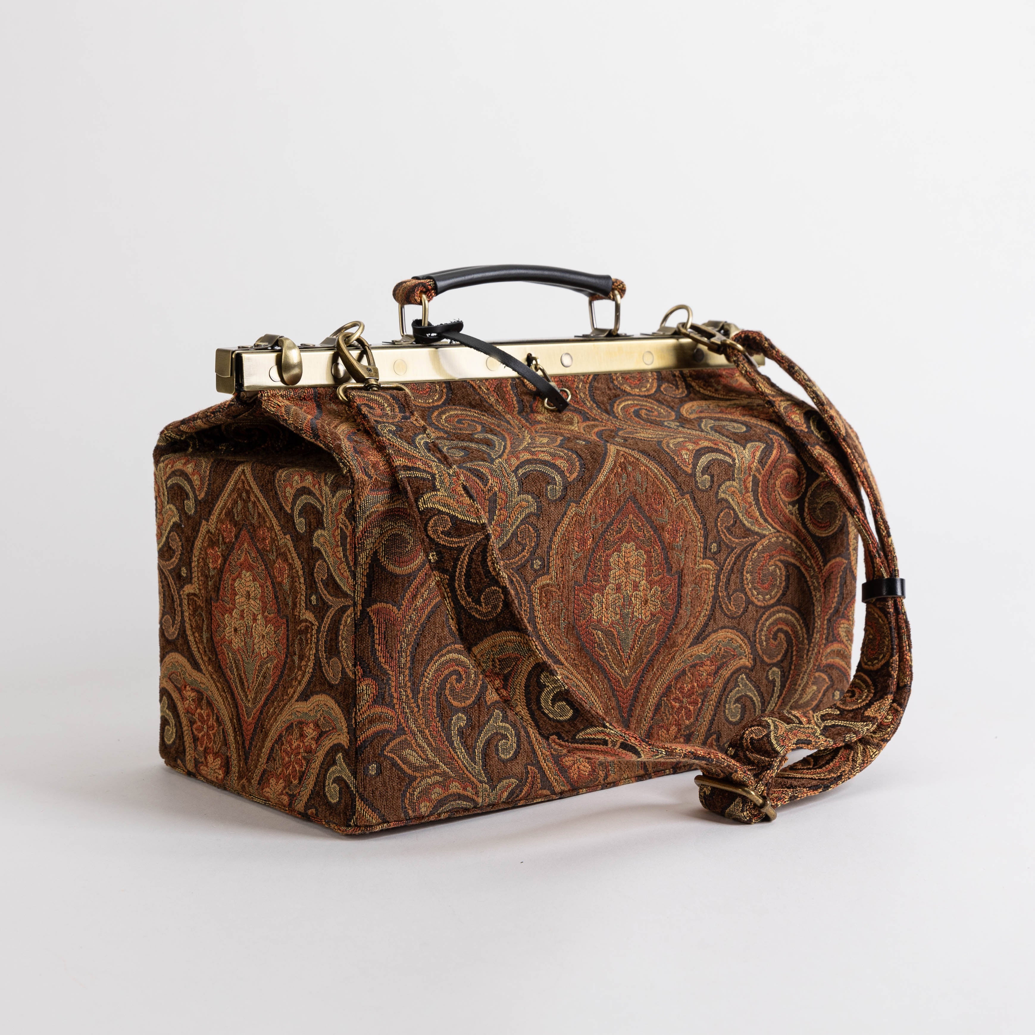 Gladstone Bag Carpet Doctor Bag Victorian Weekender Bag Shoulder Frame Bag Genevieve Damask D. Brown Carpetbagger Carpetbag of America with shoulder strap