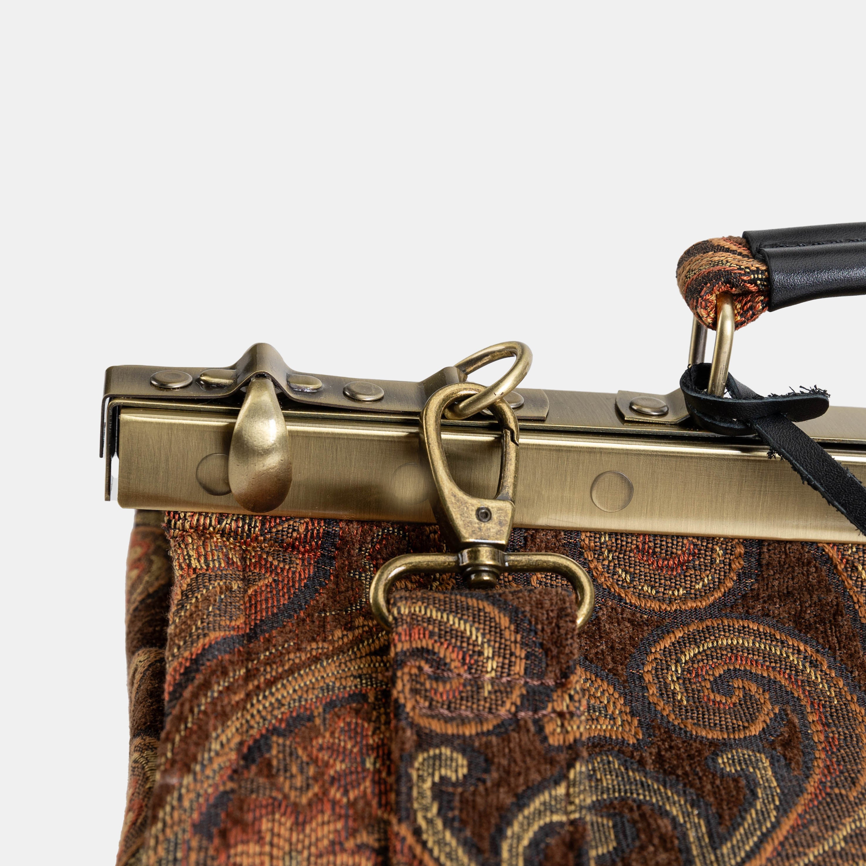 Gladstone Bag Carpet Doctor Bag Victorian Weekender Bag Shoulder Frame Bag Genevieve Damask D. Brown Carpetbagger Carpetbag of America shoulder strap clasp