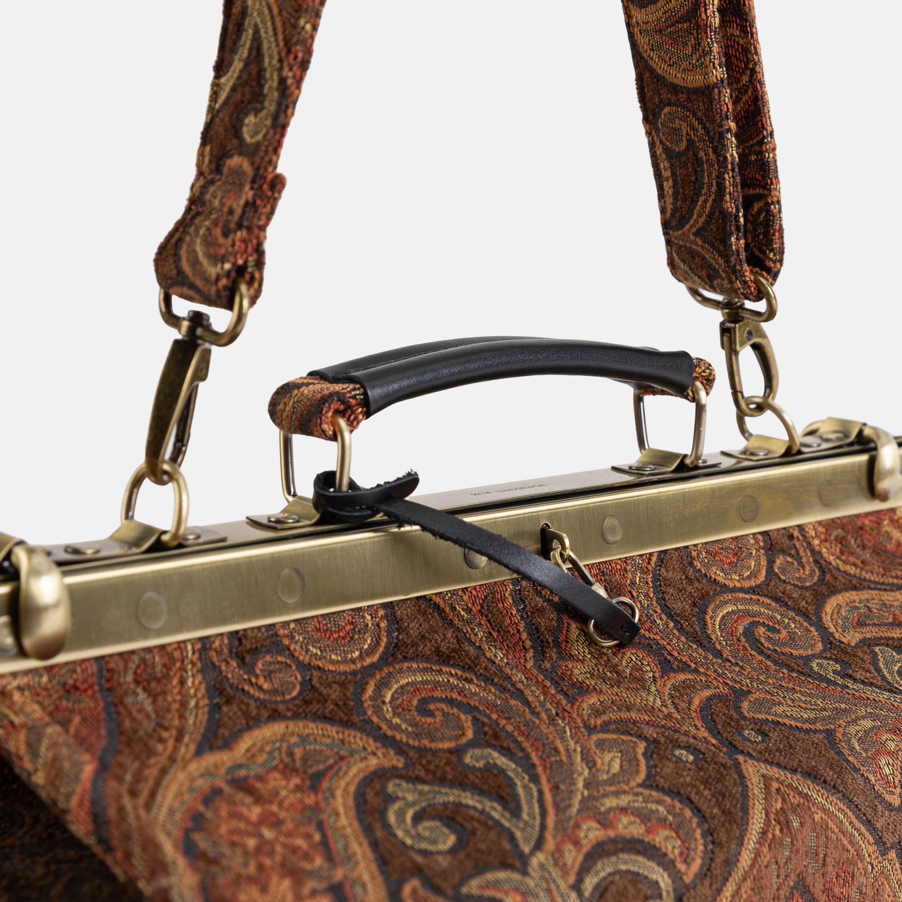 Gladstone Bag Carpet Doctor Bag Victorian Weekender Bag Shoulder Frame Bag Genevieve Damask D. Brown Carpetbagger Carpetbag of America handle