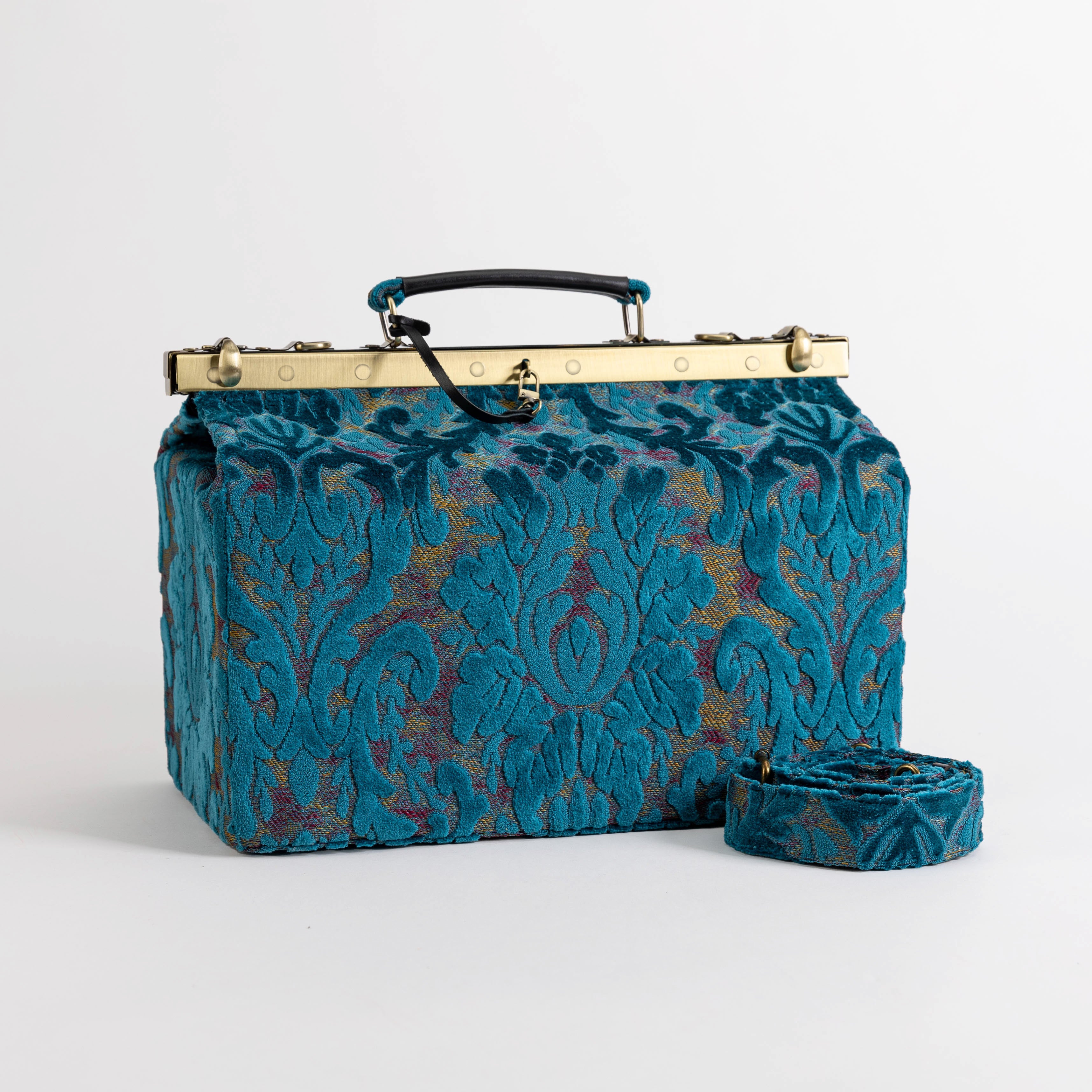 Gladstone Bag Carpet Doctor Bag Victorian Weekender Bag Shoulder Frame Bag Genevieve Burnout Velvet Aqua Blue Carpetbagger Carpetbag of America main