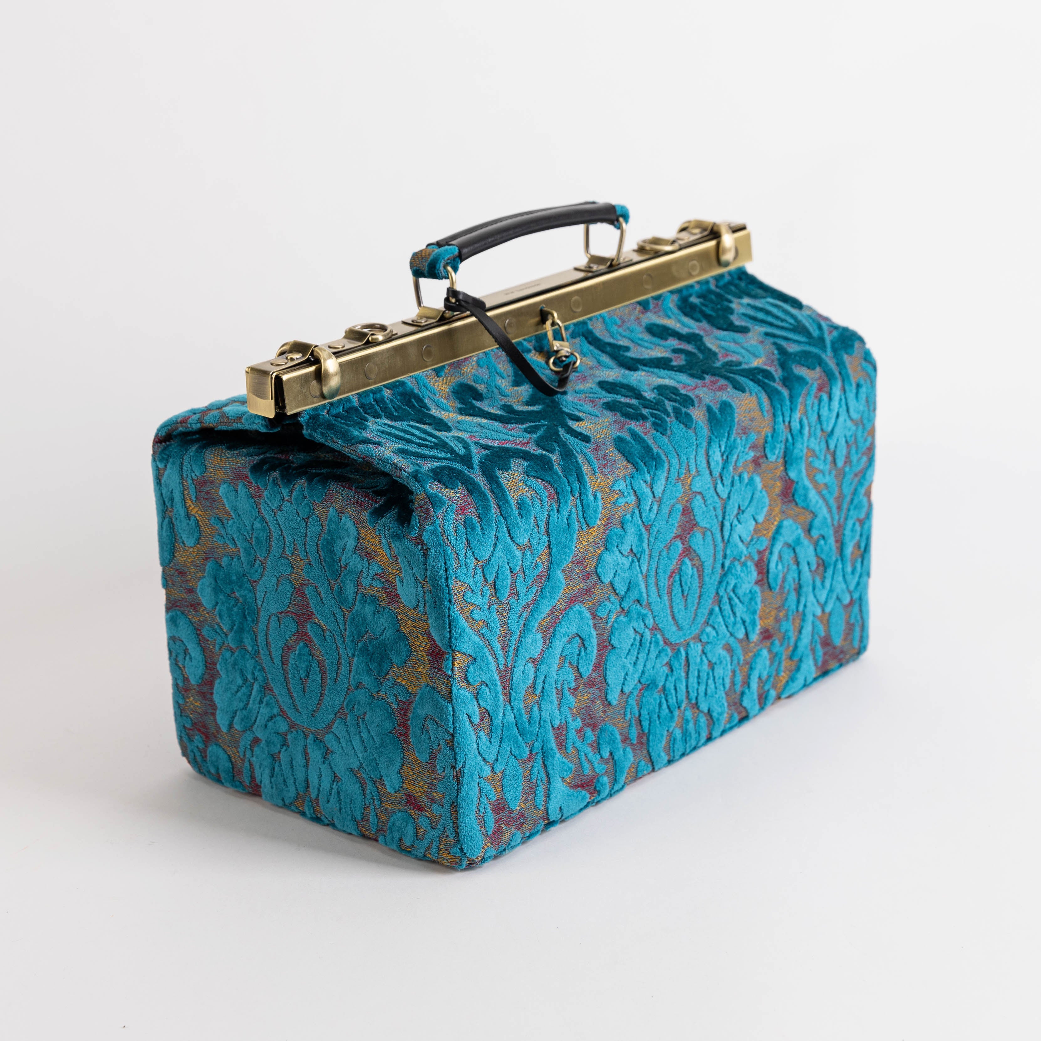 Gladstone Bag Carpet Doctor Bag Victorian Weekender Bag Shoulder Frame Bag Genevieve Burnout Velvet Aqua Blue Carpetbagger Carpetbag of America side