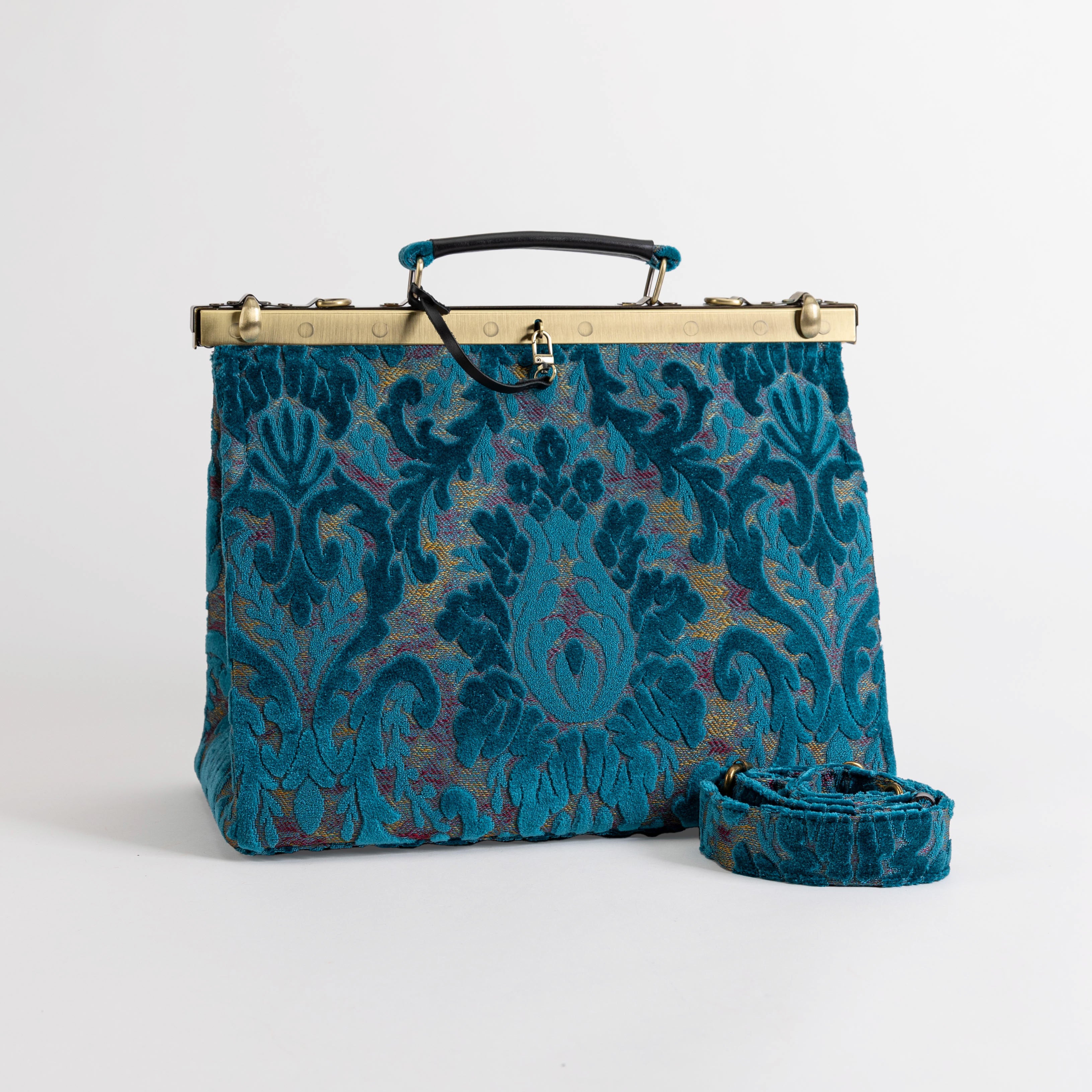 Gladstone Bag Carpet Doctor Bag Victorian Weekender Bag Shoulder Frame Bag Celine Burnout Velvet Aqua Blue Carpetbagger Carpetbag of America main