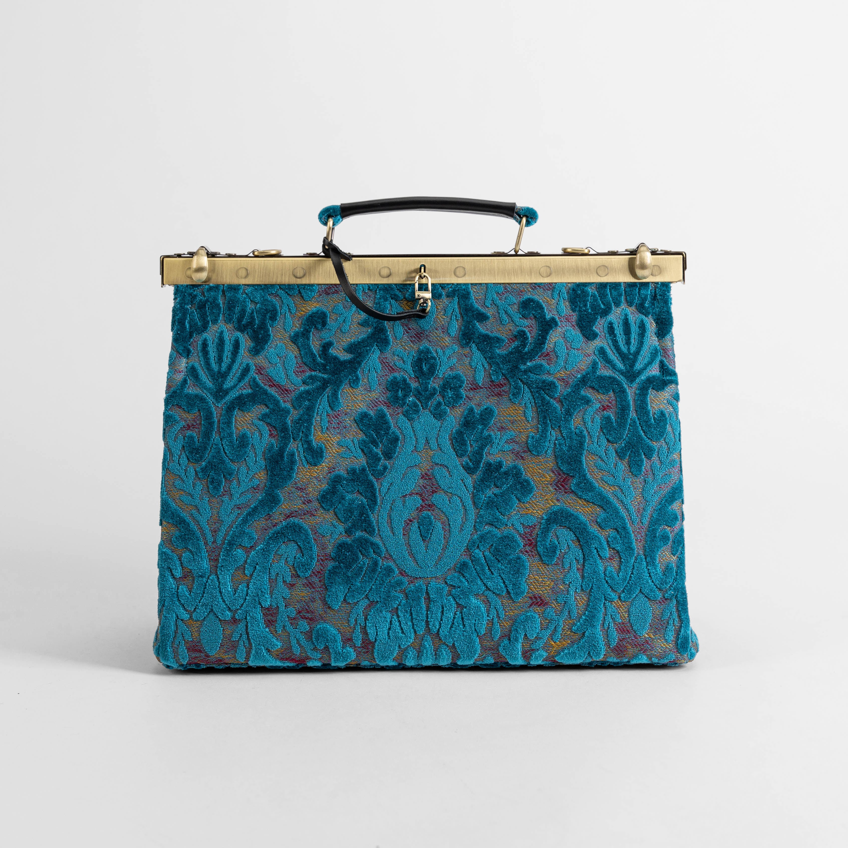 Gladstone Bag Carpet Doctor Bag Victorian Weekender Bag Shoulder Frame Bag Celine Burnout Velvet Aqua Blue Carpetbagger Carpetbag of America front