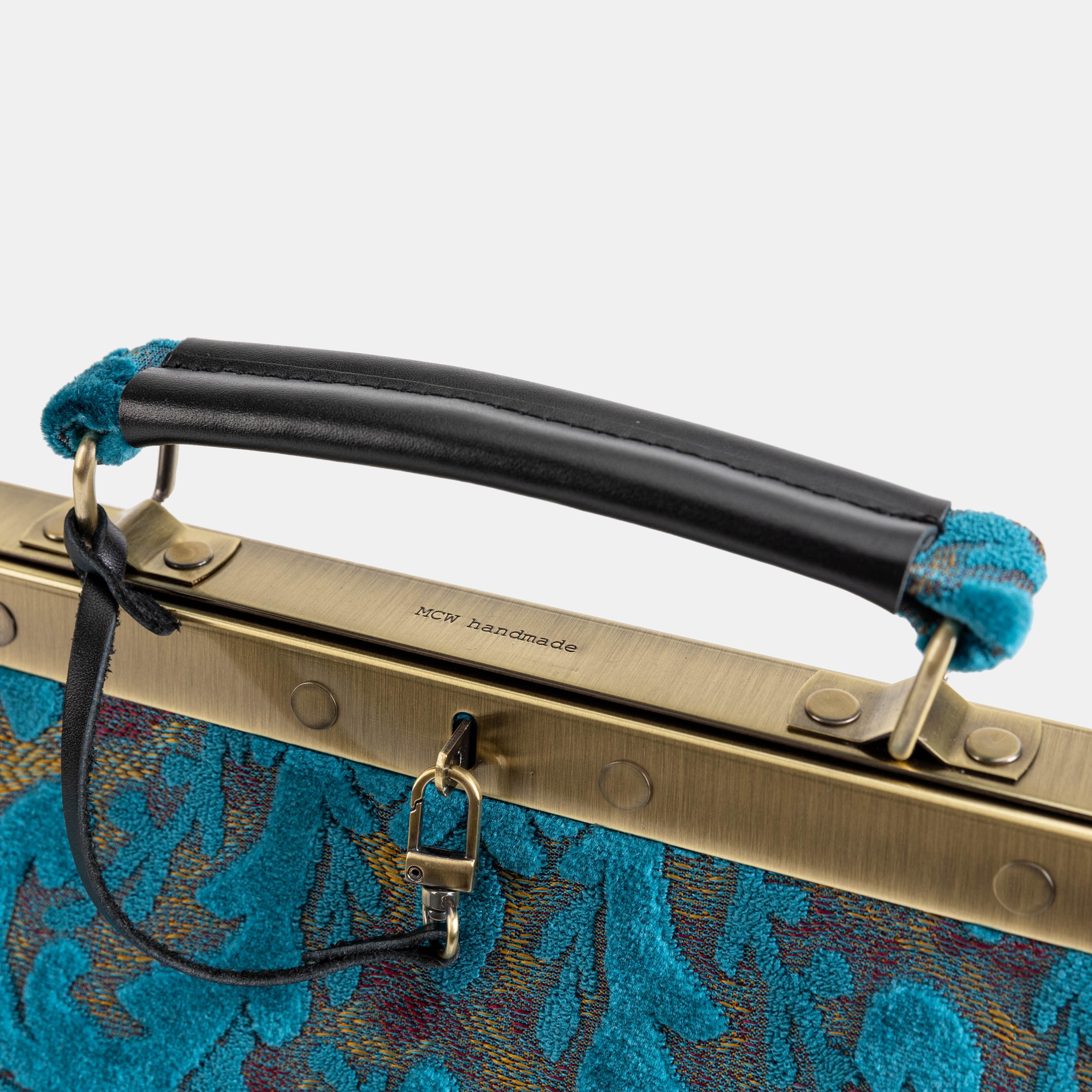 Gladstone Bag Carpet Doctor Bag Victorian Weekender Bag Shoulder Frame Bag Celine Burnout Velvet Aqua Blue Carpetbagger Carpetbag of America logo