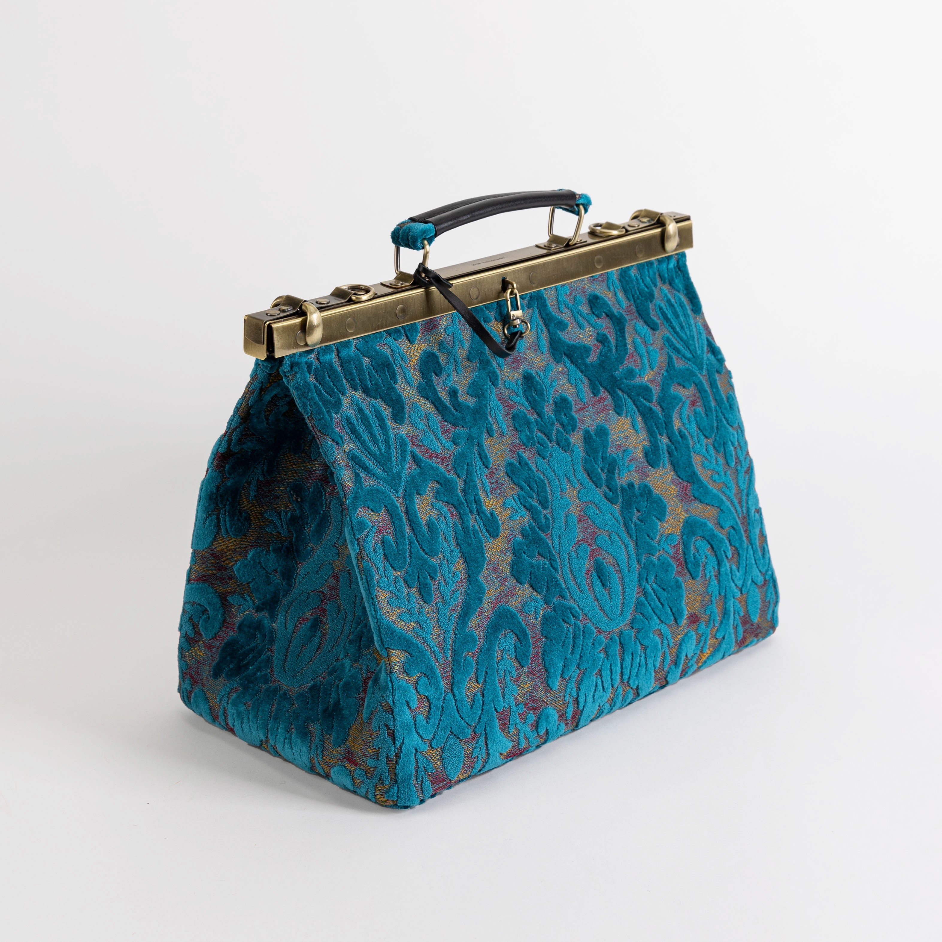 Gladstone Bag Carpet Doctor Bag Victorian Weekender Bag Shoulder Frame Bag Celine Burnout Velvet Aqua Blue Carpetbagger Carpetbag of America side