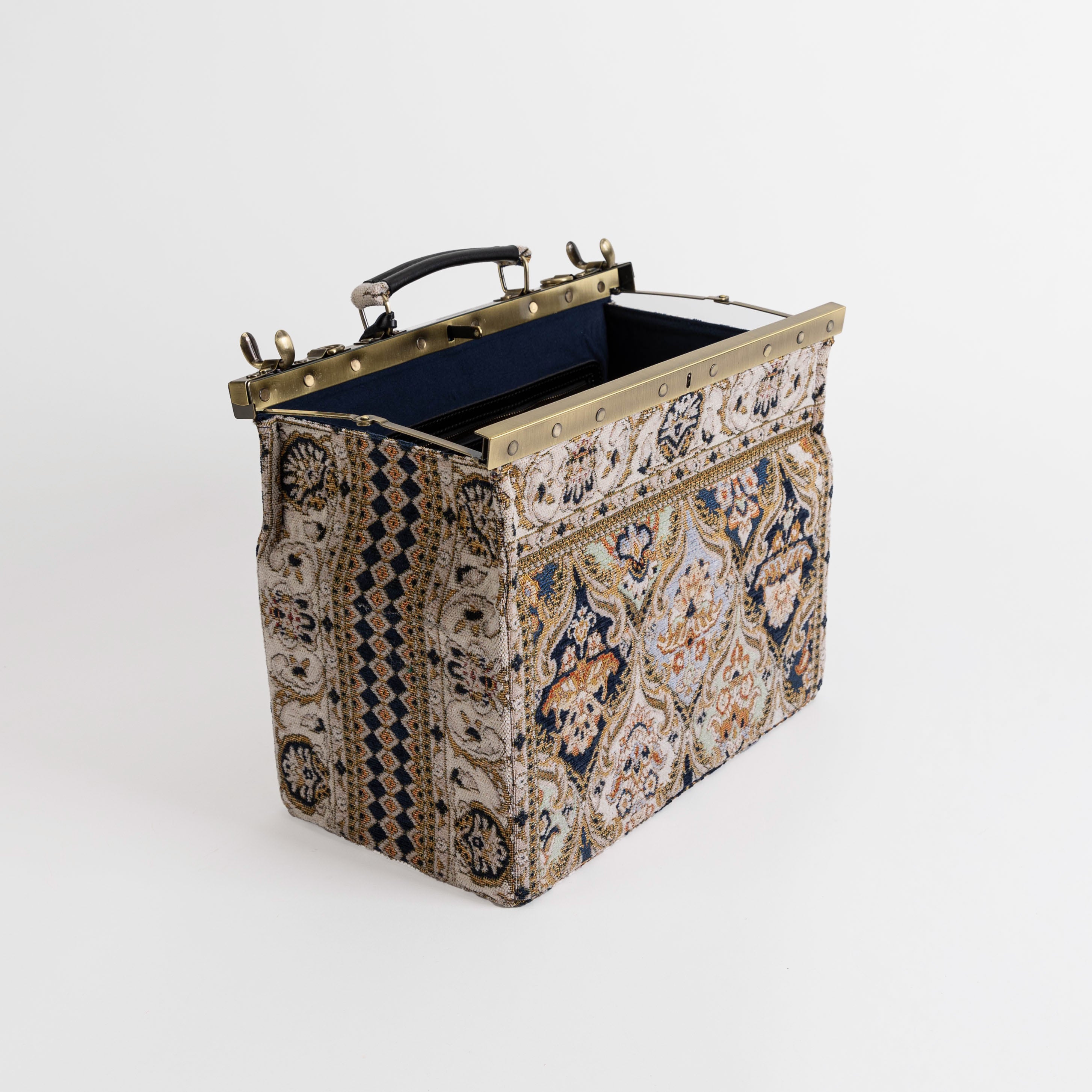 Gladstone Bag Carpet Doctor Bag Victorian Weekender Bag Shoulder Frame Bag Genevieve Golden Age Navy Carpetbagger Carpetbag of America open and stand